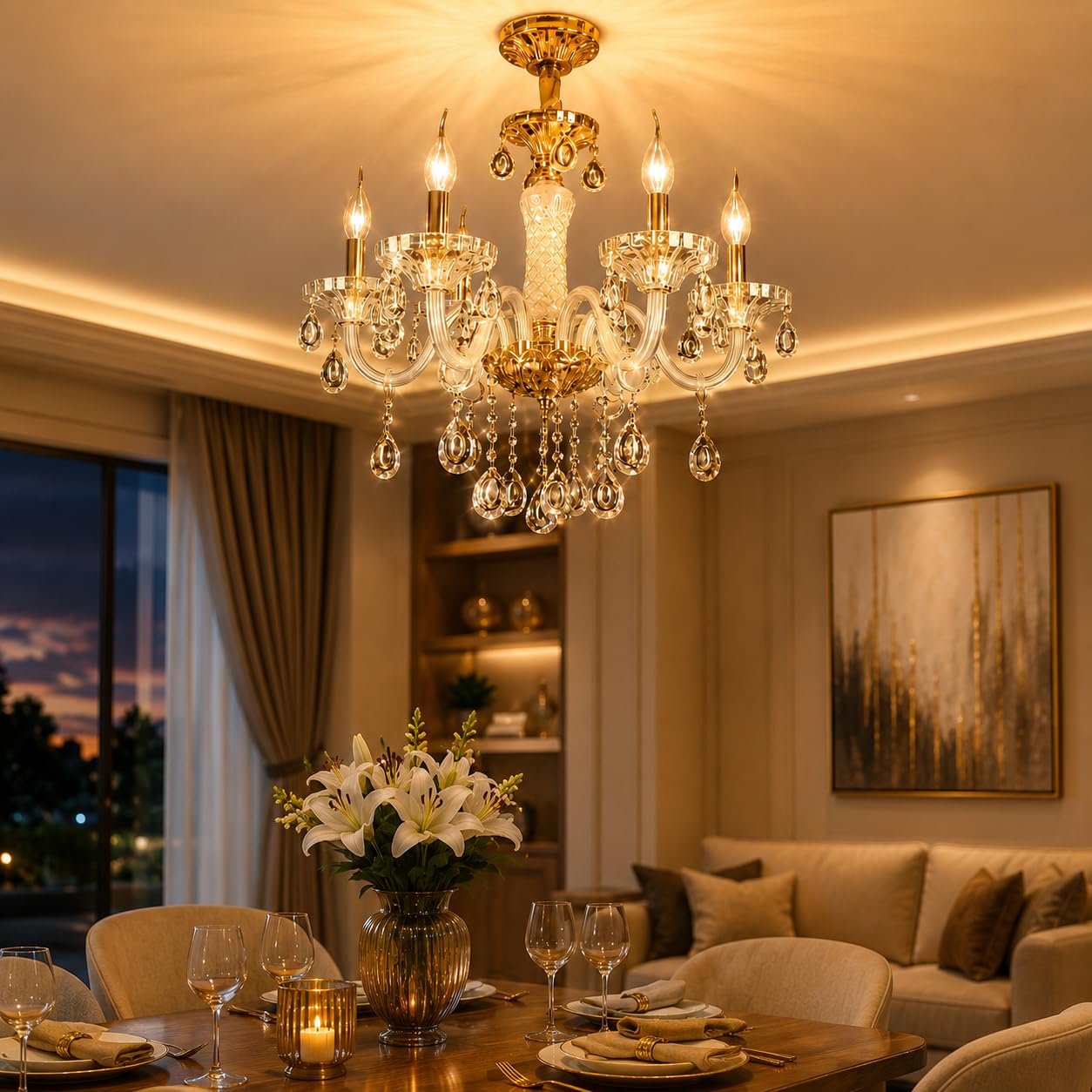 DREAMY DESIGNS Chandelier Lights for Ceiling Contemporary Cream Color (S) Shap Chandeliers for Living Room 6 LED Light Pendant Lamp with Bulb Modern Jhumar Designer Bedroom and Dining Room-image-34