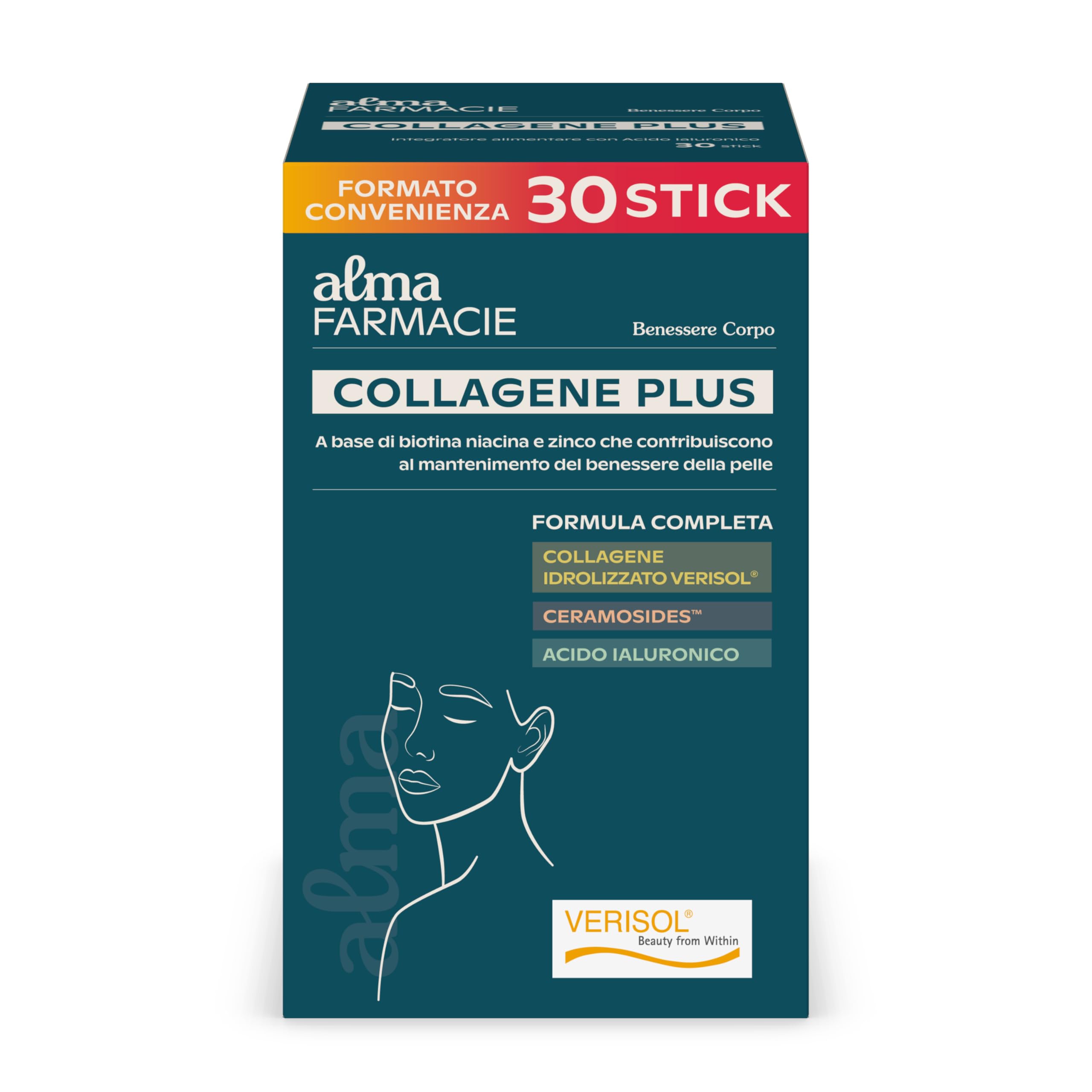 Collagene Plus, 30 Stick, Alma Farmacie, Idrolizzato Tipo Verisol 2.500 mg e Aci