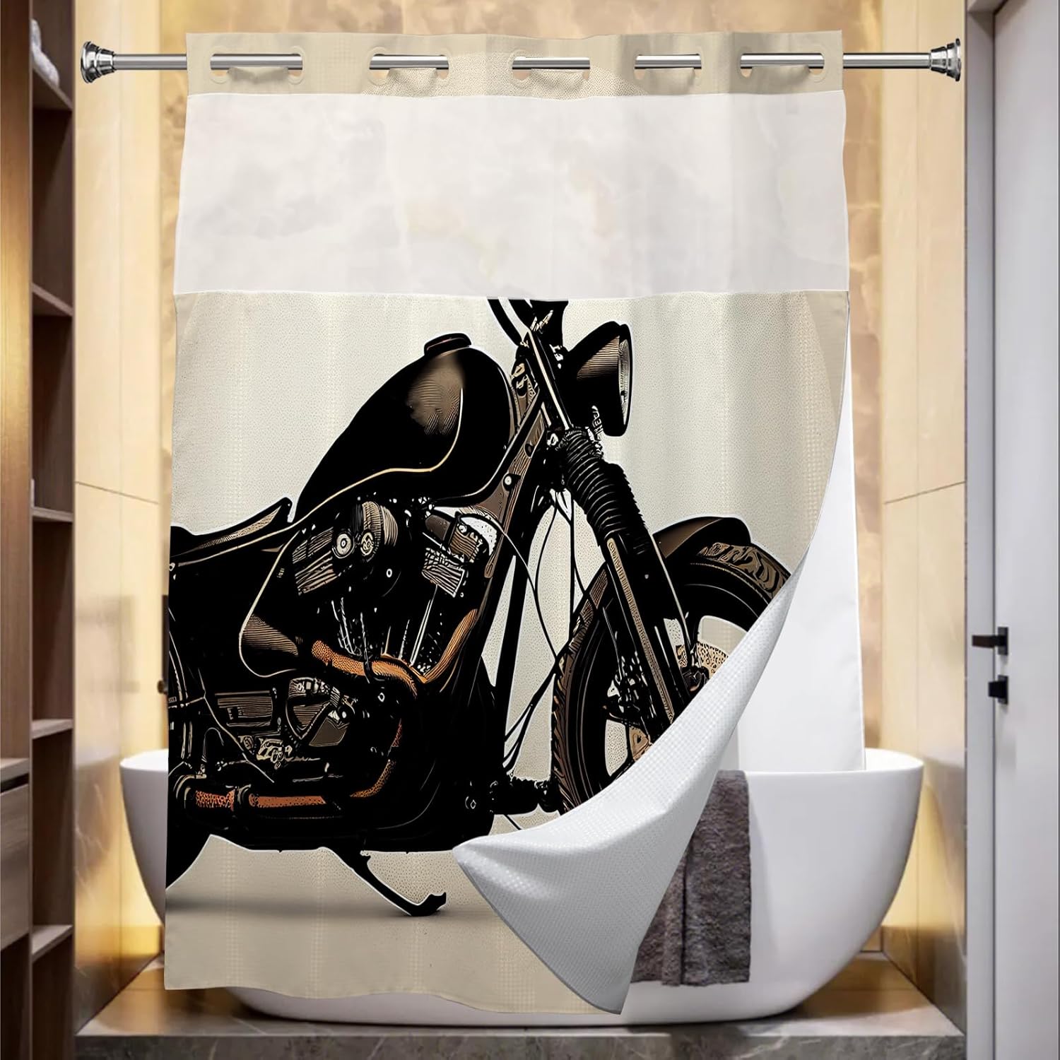 Cool Man Theme Motorcycle Shower Curtain with Snap in Fabric Liner Set, Detachable Liner, See Through Mesh Top Window, Waterproof Washable 72" W x 74" H Black and White