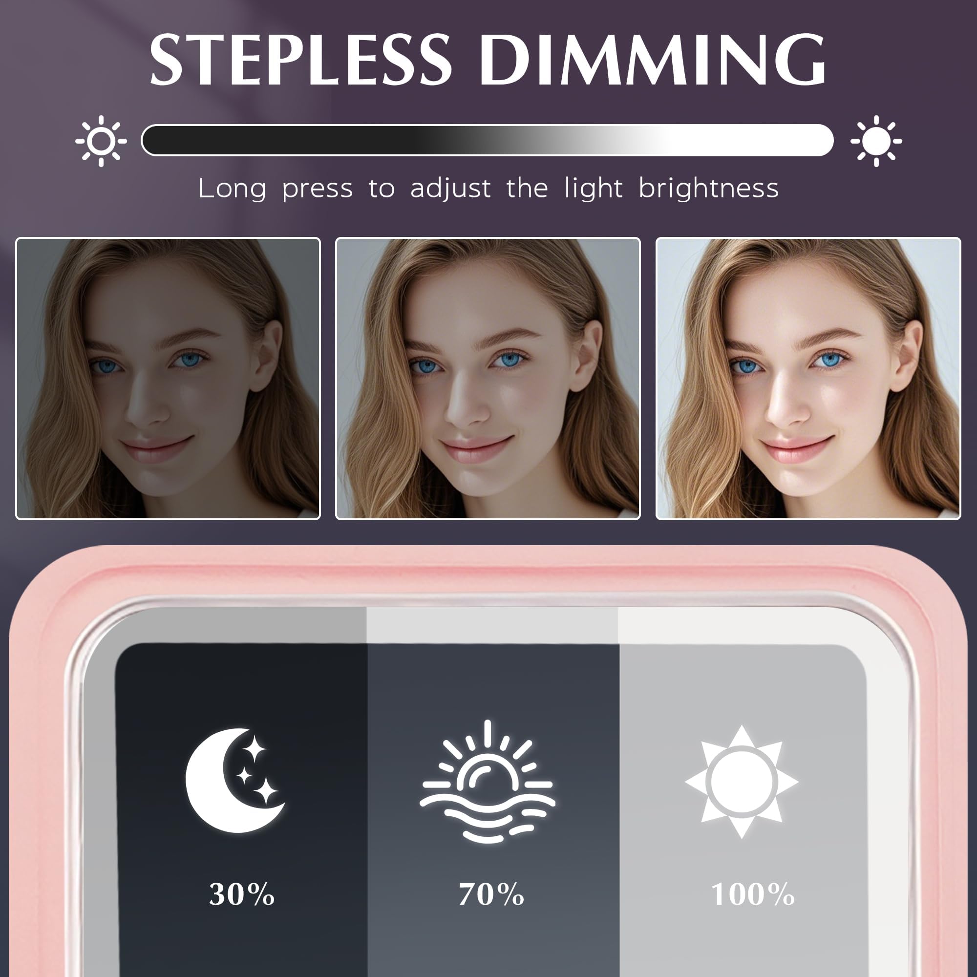 Amysmart Pink PU Leder LED Reise Make-up Spiegel - 1X/5X/10X Vergrößerung, dreifach gefalteter Taschenspiegel, kompakt beleuchteter Handspiegel für Geldbörse & Reisen, kleiner beleuchteter Spiegel für