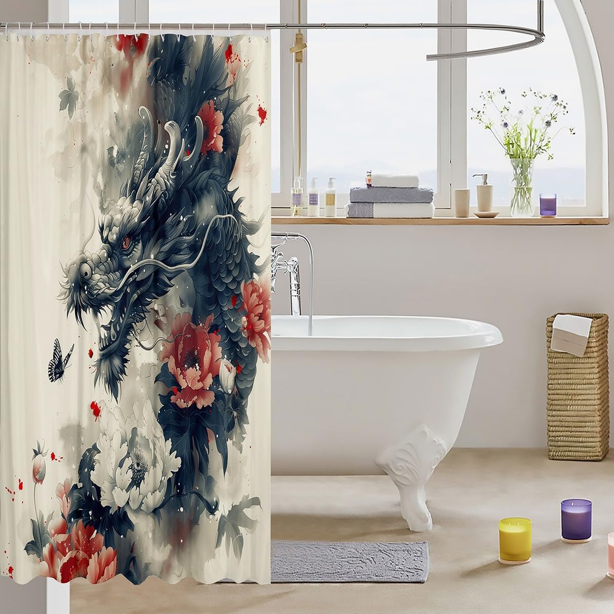 Erosebridal Floral Dragon Shower Curtain Set,Asian Oriental Chinese Dragon Bathroom Curtain for Kids Adults,Vintage Fantasy Dragon Bathroom Set Retro Flowers Fabric Shower Curtain 72" Wx78 L