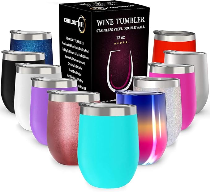 CHILLOUT LIFE 4-Pack Rose Gold Wine Tumblers - 12oz Stainless Steel Insulated Cups With Lids & Straws
