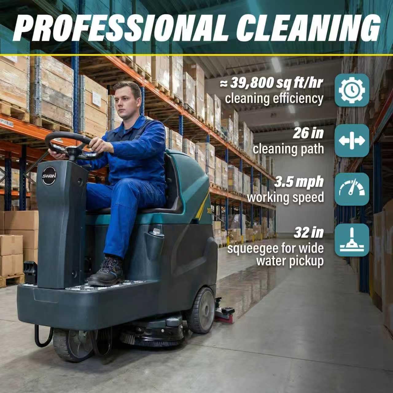 Commercial Ride-On Floor Scrubber Machine, 760mm Cleaning Width, 5000㎡/h Cleaning Efficiency, 100L Sewage Tank, 24V Battery Powered Floor Cleaning Scrubber for Warehouses, Malls, Factories & Parking