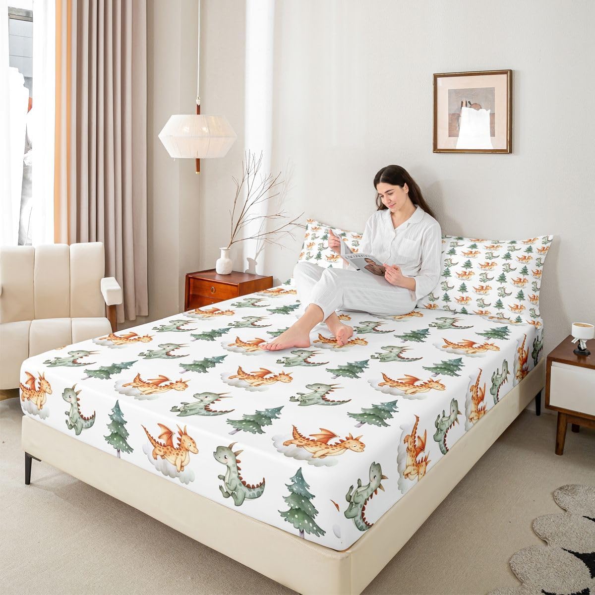 Cute Dragon Fitted Sheet Twin Size,Pine Trees Clouds Kids Bedding Set 2pcs,Cartoon Dragon Wild Animals Deep Pocket Sheets Bedroom Decor,White Yellow Green Bed Cover,1 Pillowcase (No Flat Sheet)