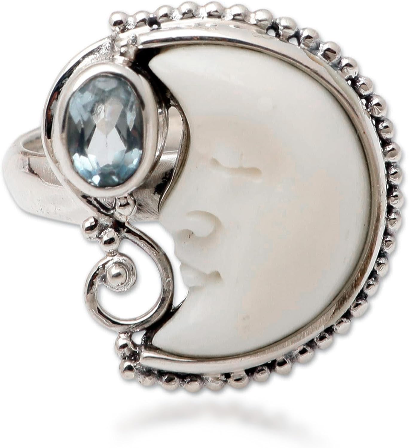 NOVICA Artisan Handmade Blue Topaz Cocktail Ring .925 Sterling Silver Crescent Moon Indonesia Sun 'Sleeping Moon'