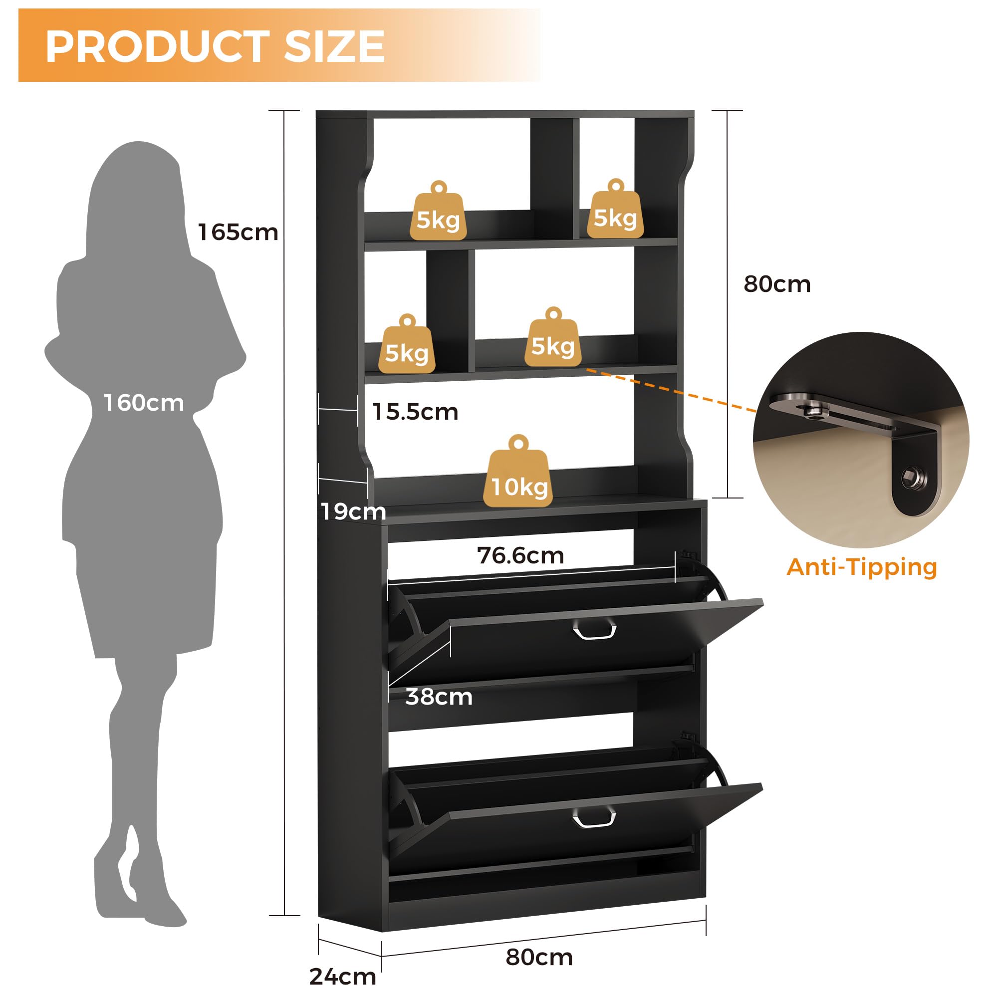 IRONCK Zapatero Alto 165cm con 2 Puertas Abatibles y 3 Estantes Abiertos, Armario Zapatero Estrecho, Mueble Organizador de Entrada para Recibidor, Pasillo y Salón, en Madera, Blanco, 165 x 80 x 24CM