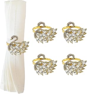 Swan Napkin Rings Set of 4, Diamond Inlay Metal Napkin Holder for Home Decor, Dining Table, Banquets, Wedding and Special Occasions (Swan)