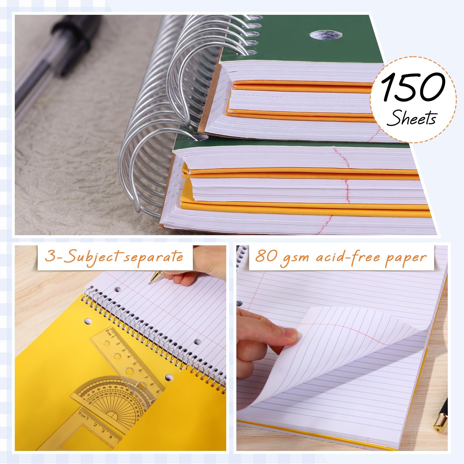 Qilery Lot de 8 carnets à spirale à 3 sujets lignés pour université - 20,3 x 26,7 cm - 3 compartiments - Couleurs assorties - Ligne facile à déchirer - 150 feuilles - Pour le bureau, l'école (couleur