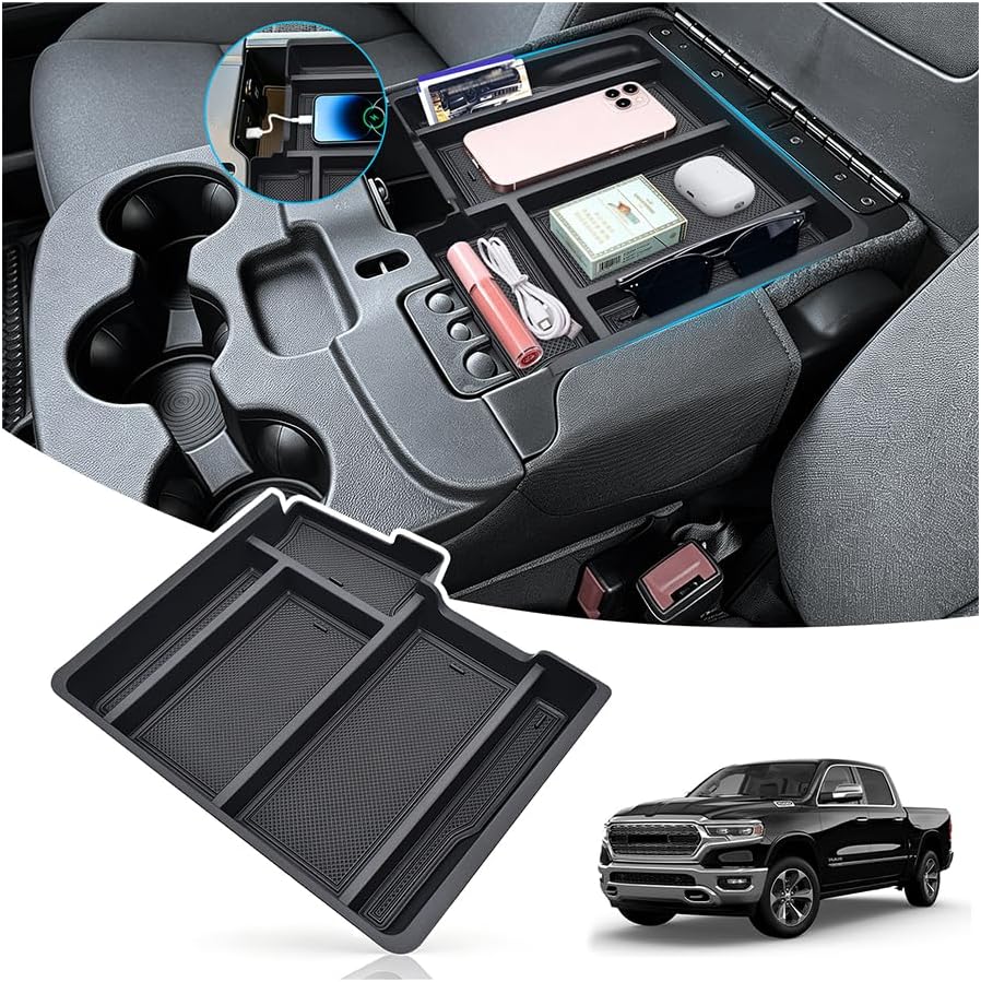 Center Console Organizer Fit for 2013-2024 Dodge RAM 1500/1500 Classic & 2013-2026 RAM 2500/3500 Armrest Storage Box Tray ABS Material Interior Accessories (Only Fits Jump Seat with Three Cup Holders)