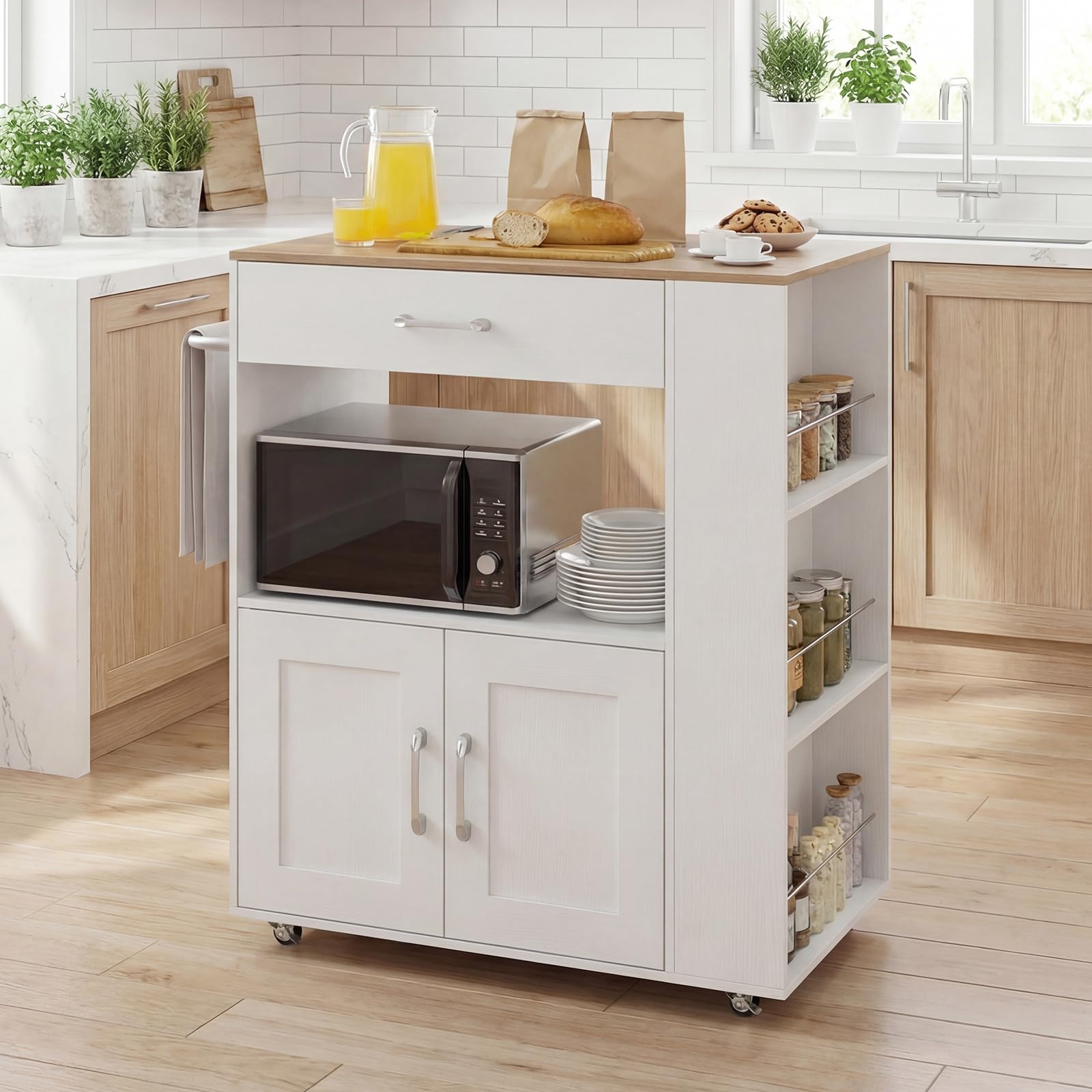 COSTWAY Carrello da Cucina con Ruote, Isola da Cucina con 3 Portaspezie 1 Cassetto Armadietto a 2 Porte, Carrello Portaoggetti con Portasciugamani, 82x46x92 cm (Bianco, con presa)