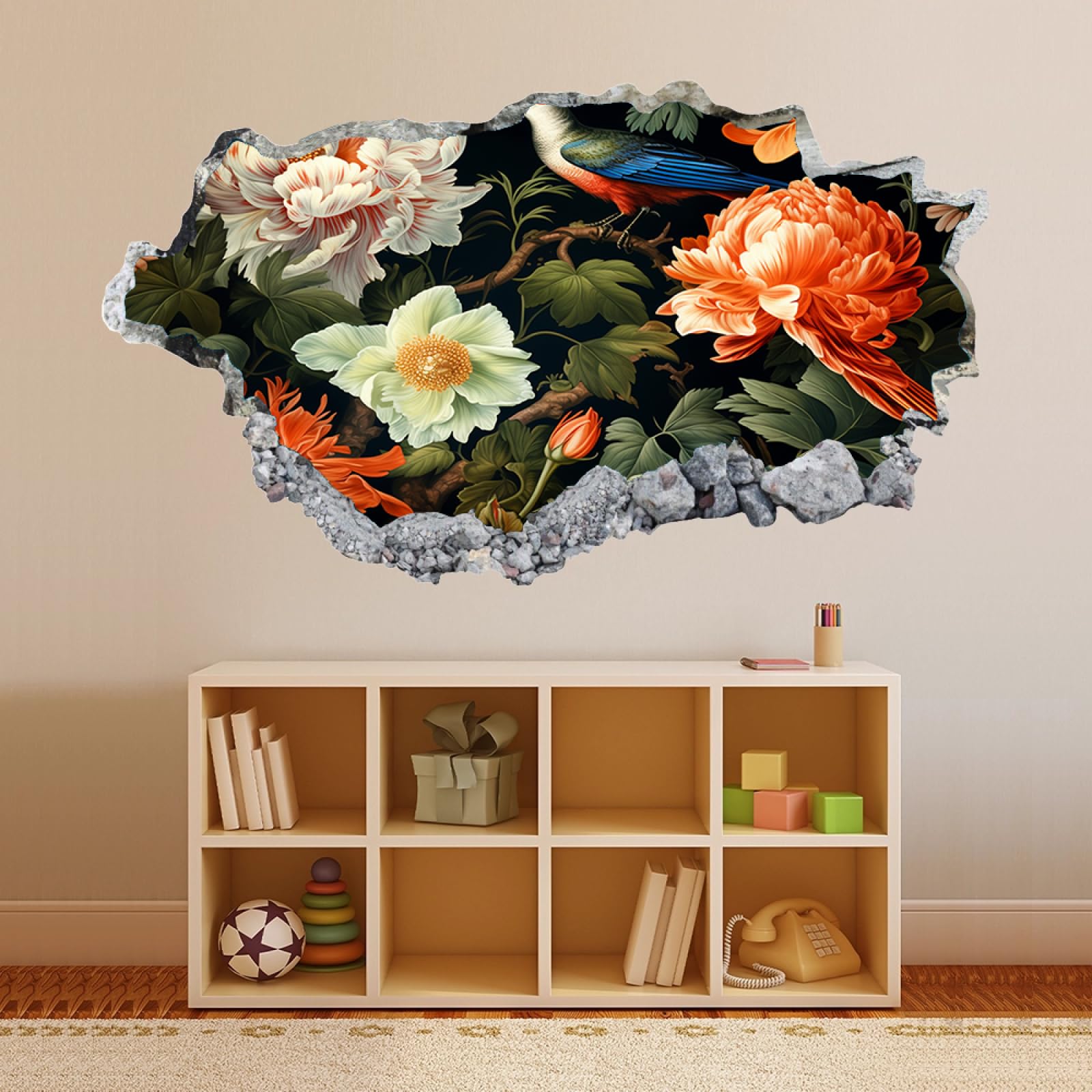 Stickers Muraux Art 3D Brisé Oiseau Fleur Autocollants muraux amovibles Papier peint chambre pour filles enfants chambre décor à la maison cadeau 70x122cm