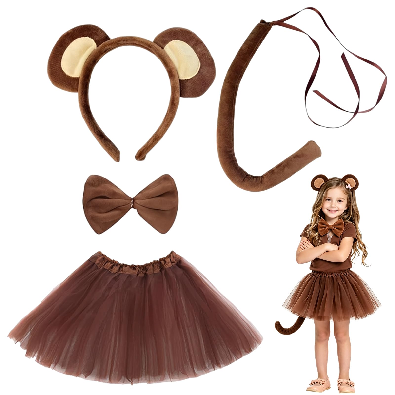 4 pcs children's monkey fun costume animal costume set tail, children's bow tie headband and gauze skirt set, suitable for dressing up for Halloween stage performances, carnival role-playing parties