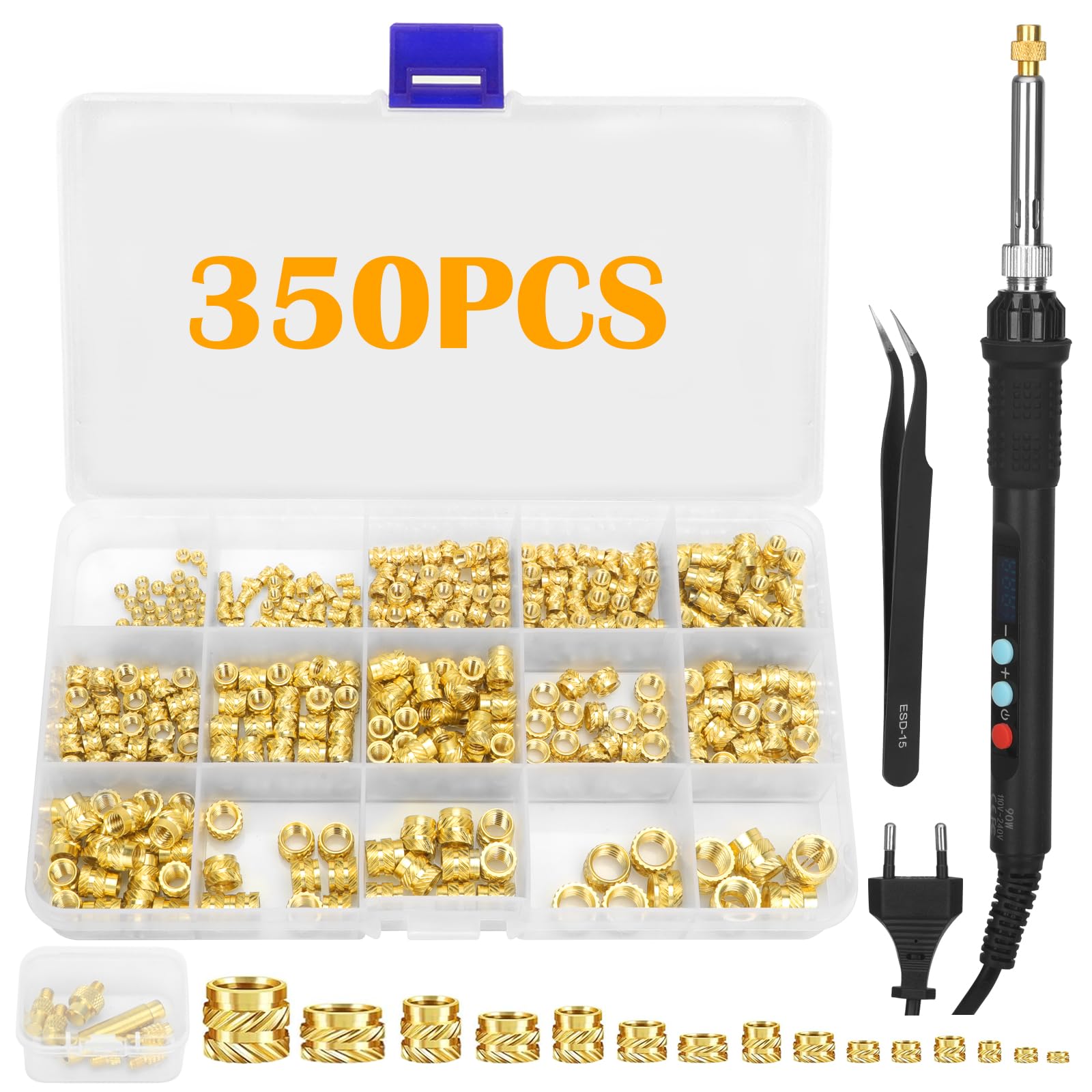 357 Piezas Kit Insertos Roscados, 900W Soldador Estaño Control de Temperatura Digital, 350 Piezas Insertos de Tuercas de Ajuste Térmico M2/M3/M4/M5/M6/M8 Para Impresión 3D y Plástico