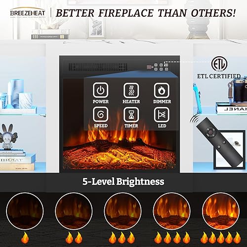 Miniatura 22 de BREEZEHEAT Soporte de TV eléctrico con chimenea de 36 pulgadas de hasta 80 pulgadas, centro de entretenimiento LED con puertas de alto brillo,