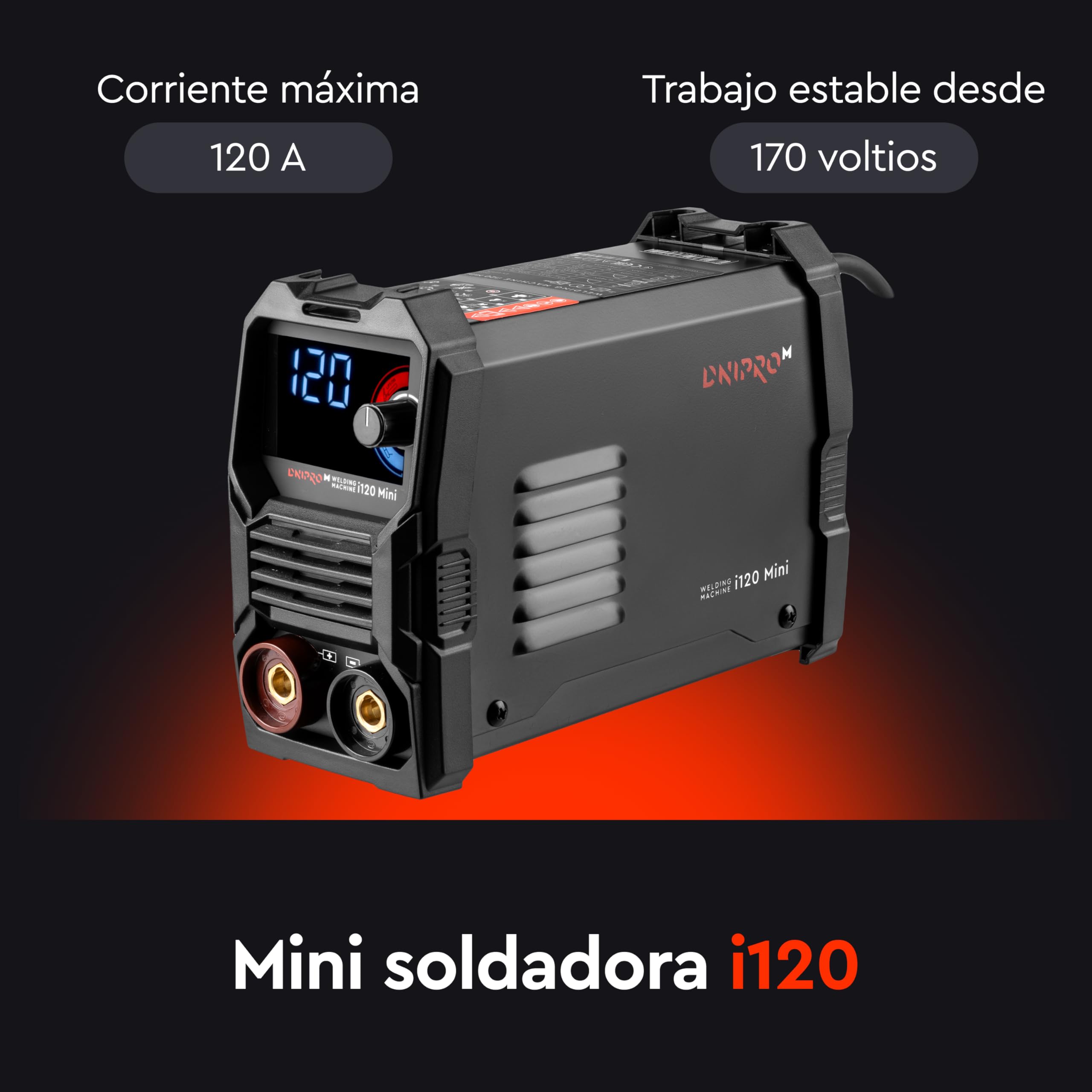 Soldador Inverter 120A MMA 2,06 kg con Tecnología IGBT, Hot Start, Arc Force, Anti Stick y VRD, Pantalla LED y Cables para Electrodos 1,6–3,2 mm – i120 Mini