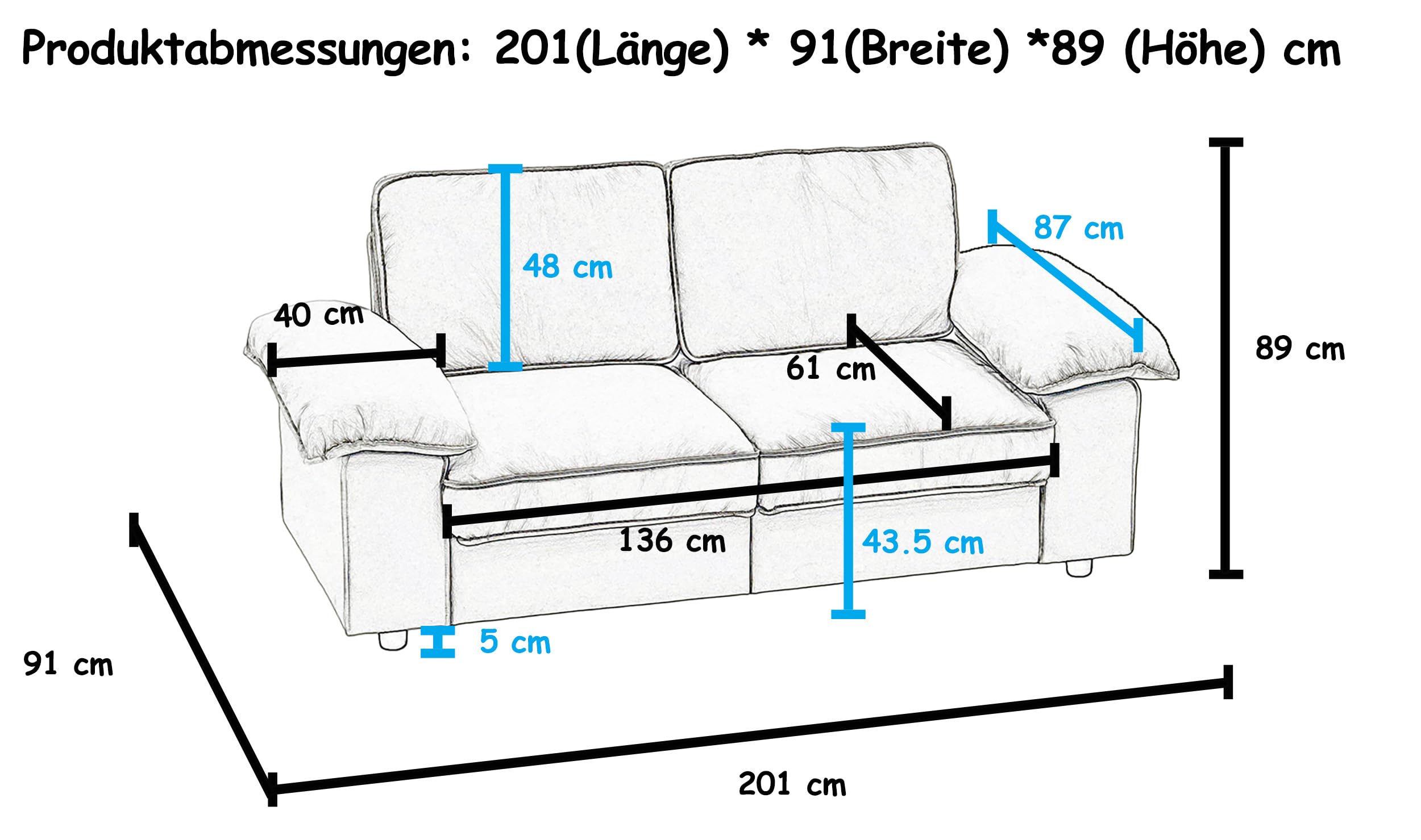 Ball & Cast 2 Sitzer Sofa mit Schlaffunktion - Couch mit Stauraum unter dem Sitz, 201x89x91 cm (BxHxT), Komfortabel für Moderne Wohnzimmer, Cremeweiß