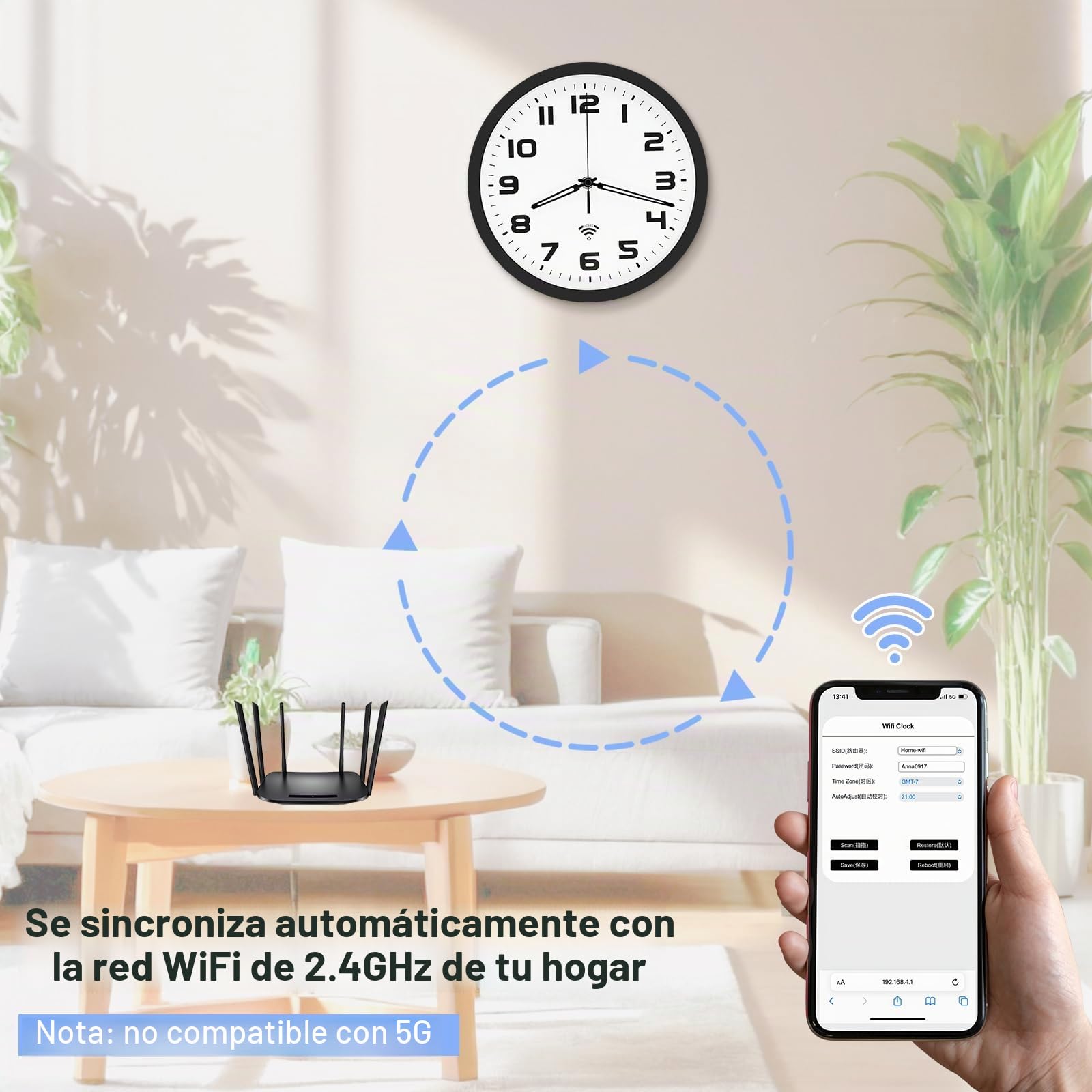 OCEST Reloj de pared analógico inteligente Wi-Fi de 10 pulgadas, sincronización automática de hora y DST, silencioso, sin tictac, funciona con pilas, pantalla grande, fácil de leer para el hogar