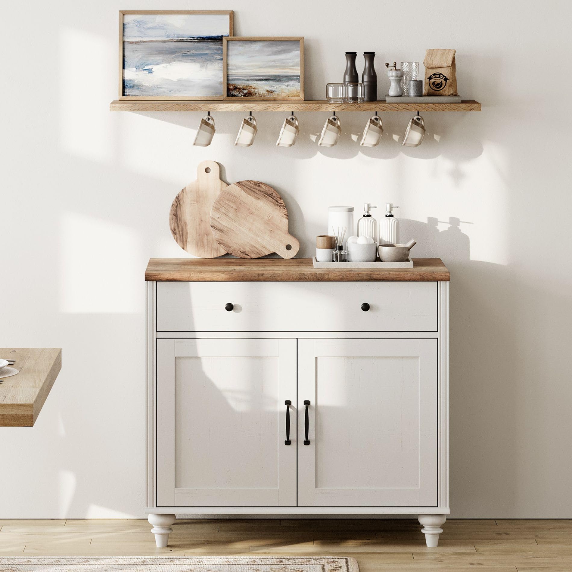 wampat 34’‘ white buffet cabinet with doors and drawer, wood kitchen storage cabinet modern farmhouse coffee bar table sideboard credenza for dining room