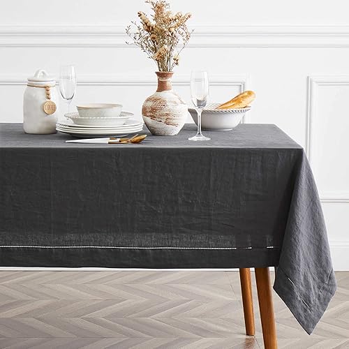 Miniatura 3 de Mantel de lino para el hogar, punto vainica, 60 x 60 pulgadas, tela redonda, lavable, mantel de arpillera para cocina, comedor, exteriores, Pascua,