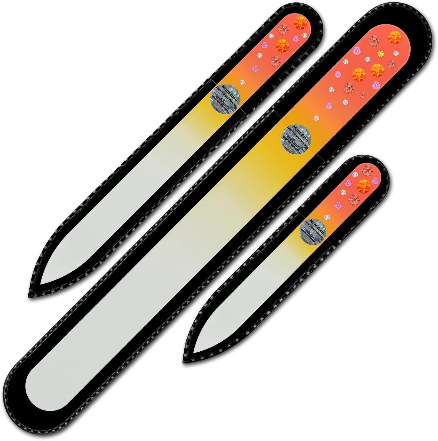 Mont Bleu Set of 3 Glass Nail Files Hand Decorated with Crystals - Handmade - Czech Tempered Glass
