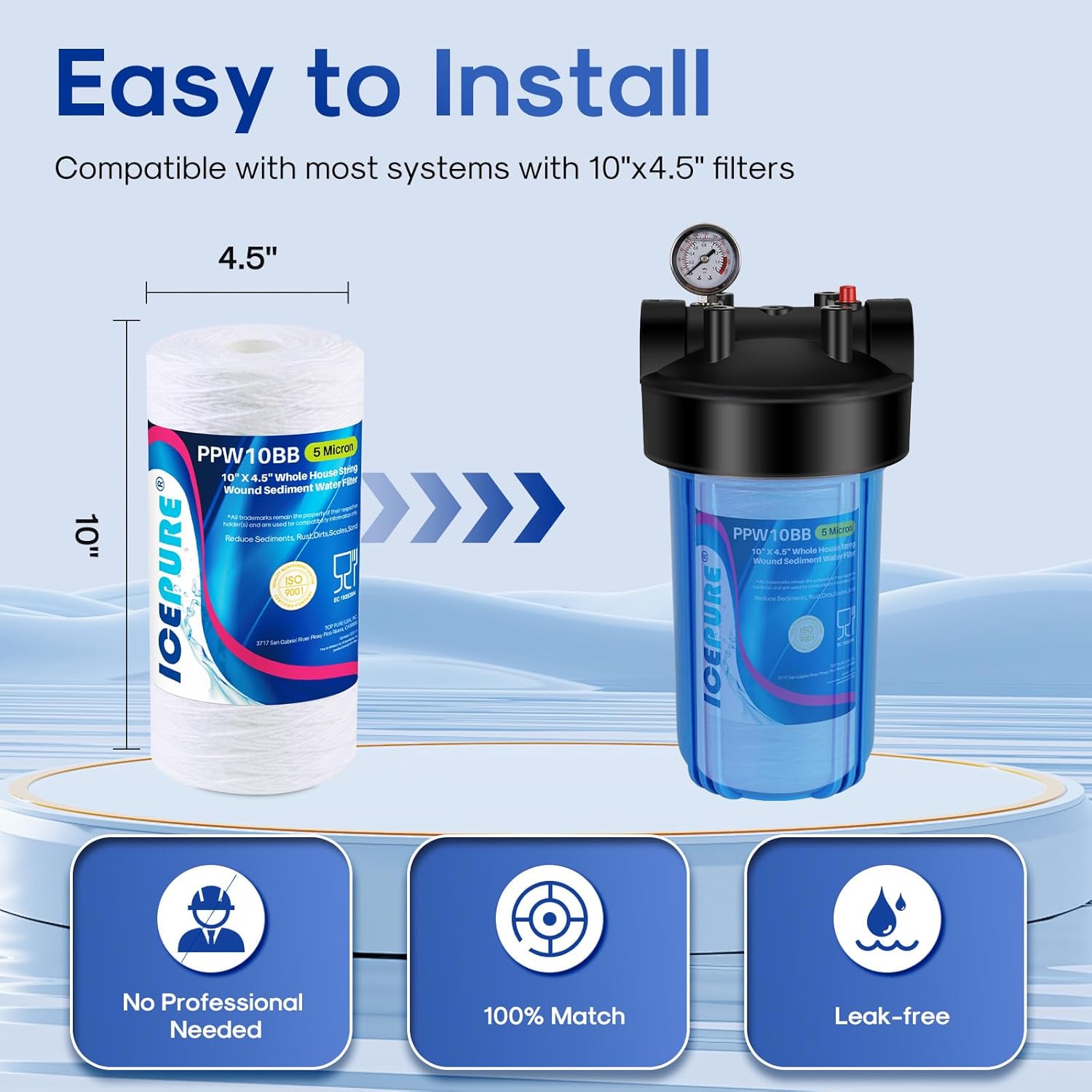 Diagram showing the dimensions of the 10 inch by 4.5 inch filter and its compatibility with a standard whole house filter housing, emphasizing no professional needed, 100% match, and leak-free installation.