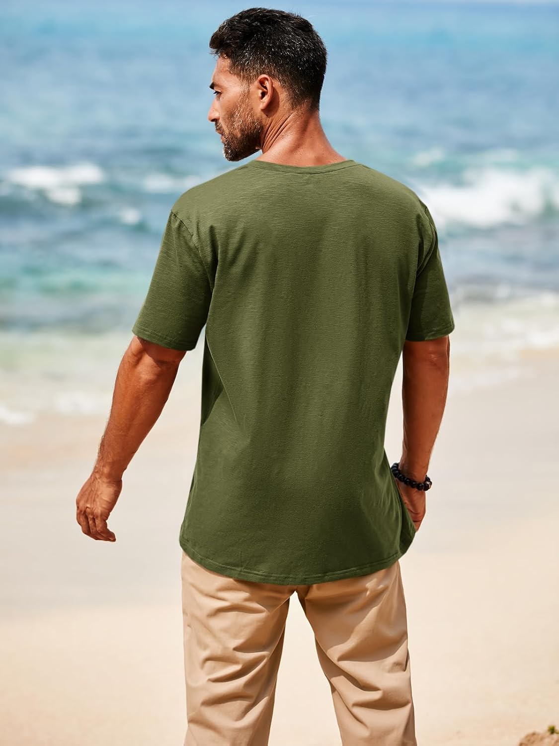 Runcati Mens Casual T Shirts Short Sleeve V Neck Linen Henley Shirt Button Basic Fashion Summer Beach Tee Tops - Image 4