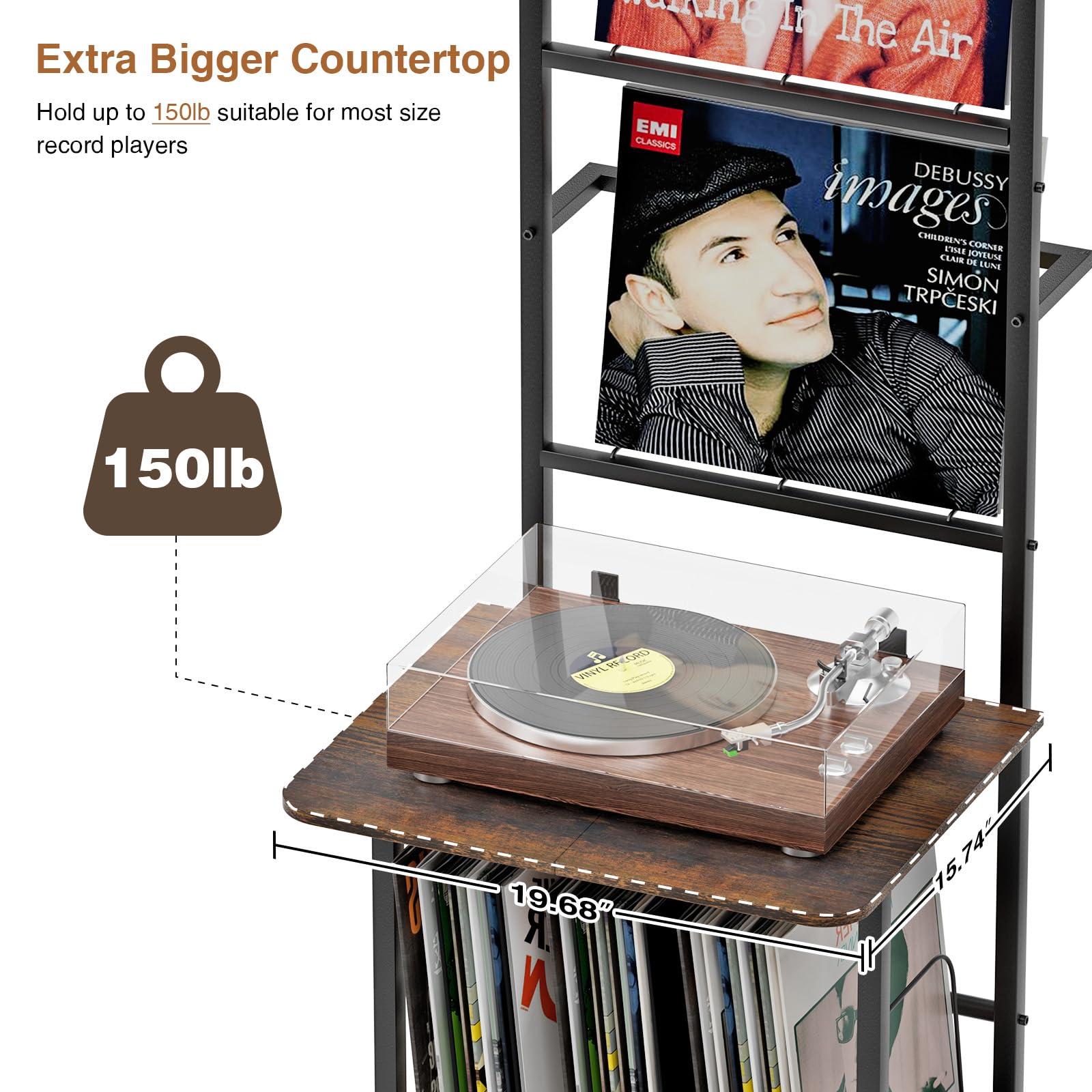 Mobile Giradischi e Porta Vinili a 5 Livelli, Porta Dischi Vinile, Vinili da Parete a 2 Livelli, Mobile per Giradischi e Vinili Archiviazione fino a 200 Albums, Cds