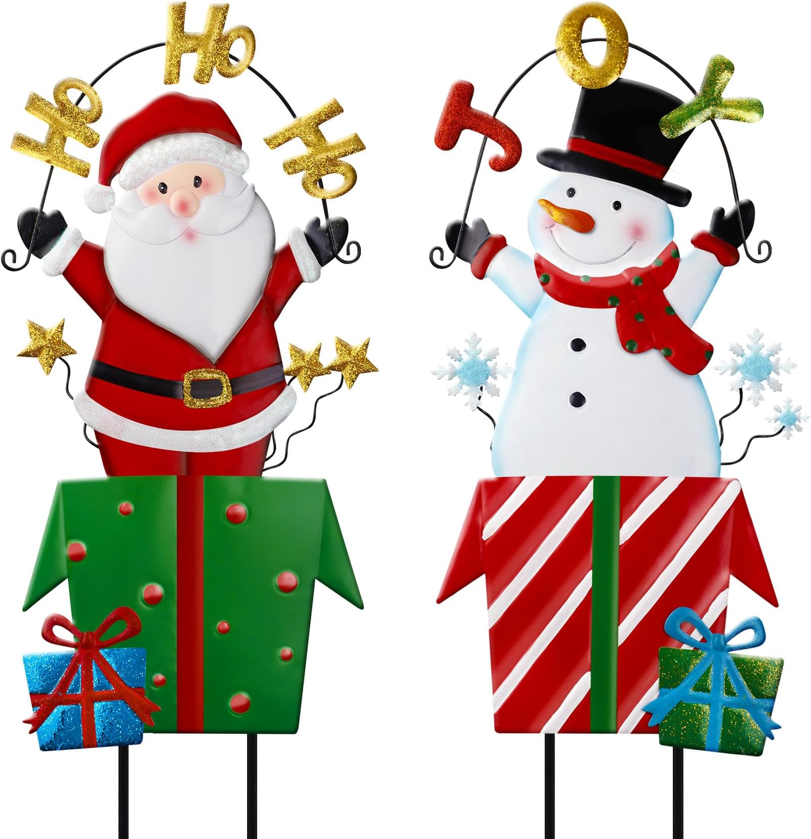 Roberly 2 Pack Metal Christmas Yard Stakes Decorations 35.4 Inch Snowman Santa Gift Box Christmas Yard Signs for Xmas Outdoor Garden Lawn Snowfield Patio Holiday Decor