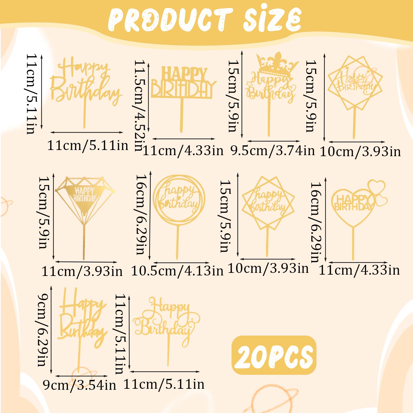 Happy Birthday Cake Toppers - 10-Pack Gold Acrylic Toppers, 4"x6" (Gold)