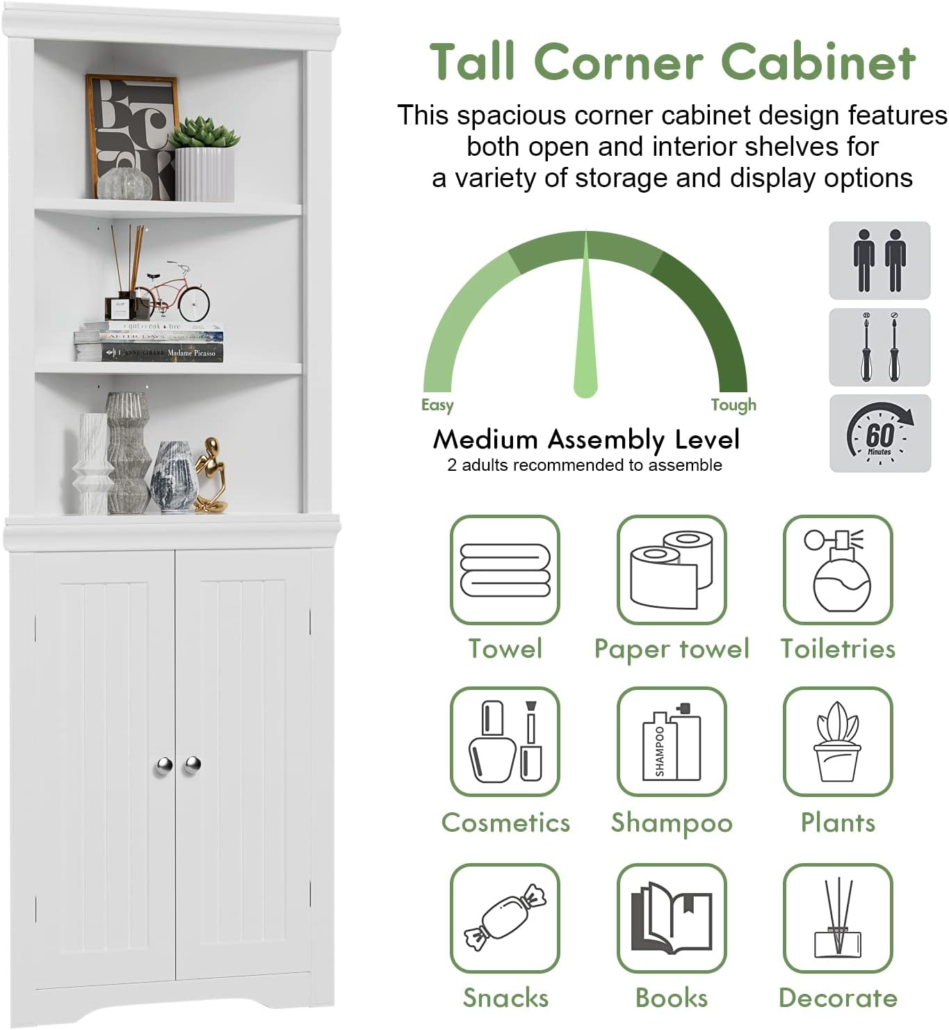 YESHOMY Corner Cabinet,Storage Cupboard with Doors,Tall Storage Cabinet with Adjustable Shelves, for Living Room,Bathroom,Kitchen,White