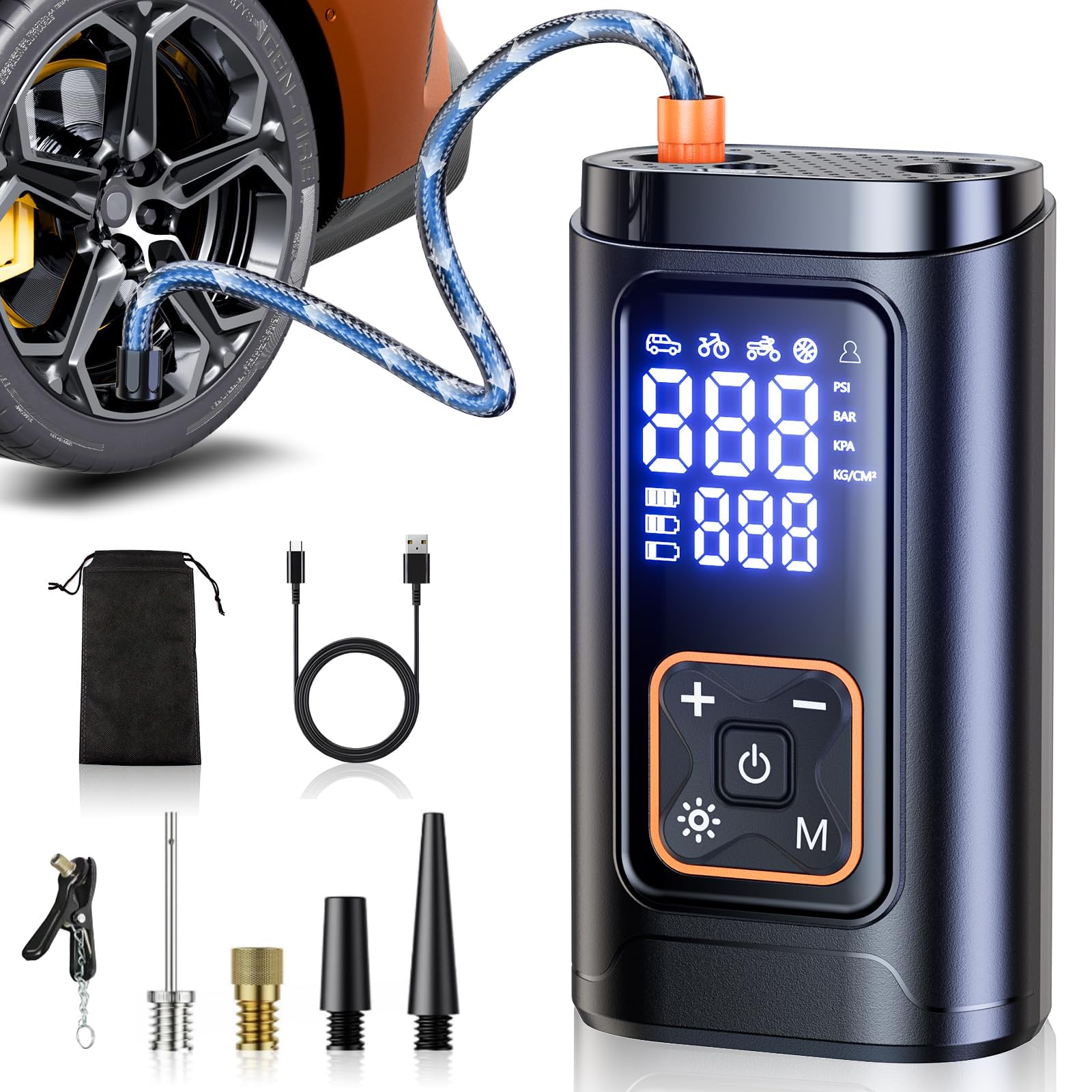 Philoent 自転車 空気入れ 電動空気入れ 【新モデル 超小型 10倍速高速充填 】7200mAh エアポンプ 自動停止 空気圧指定可 充電式 コードレス 小型 仏/英/米式バルブ対応 最大圧力150PSI SOS/LED懐中ライト USB-C 急速充電 自転車/自動車/ボール/浮き輪/バイク対応 日本語説明書付き