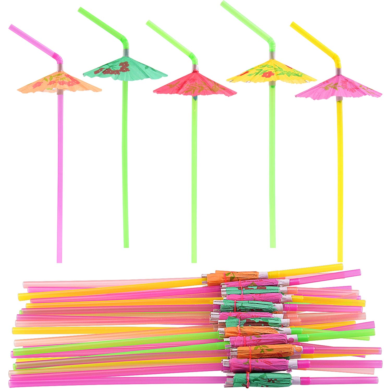 FEPITO 58 PCS Umbrella Drinking Straws Reusable，Parasol Bendy Reusable Drinking Straws for Hawaiian Beach Cocktail Luau Tropical Party Decorations Supplies