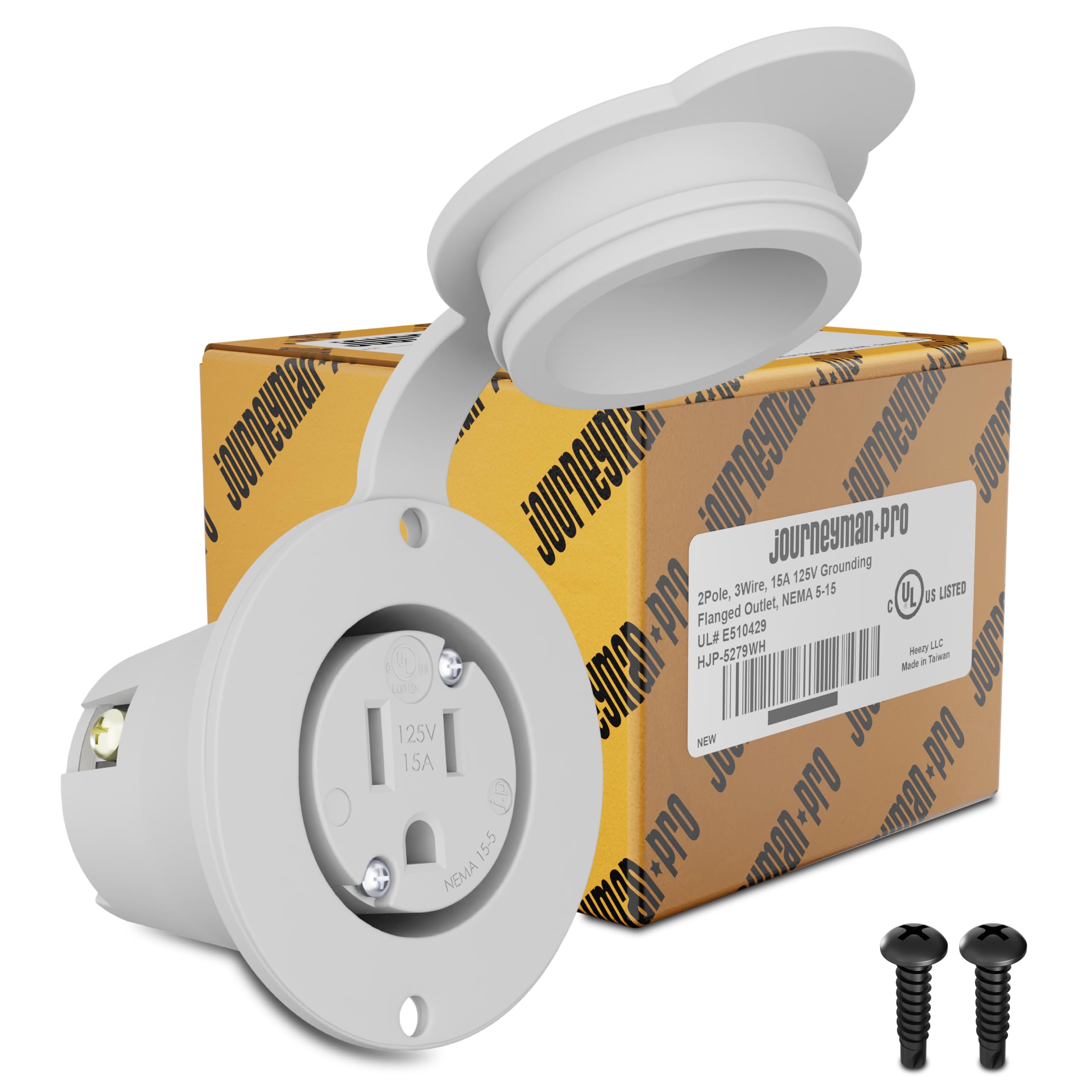 Journeyman-Pro5279 15 Amp 120-125 Volt, NEMA 5-15 Flanged Outlet, White Commercial Grade, 2 Pole-3 Wire, Straight Blade Plug Charger Receptacle (w/Front Cover)