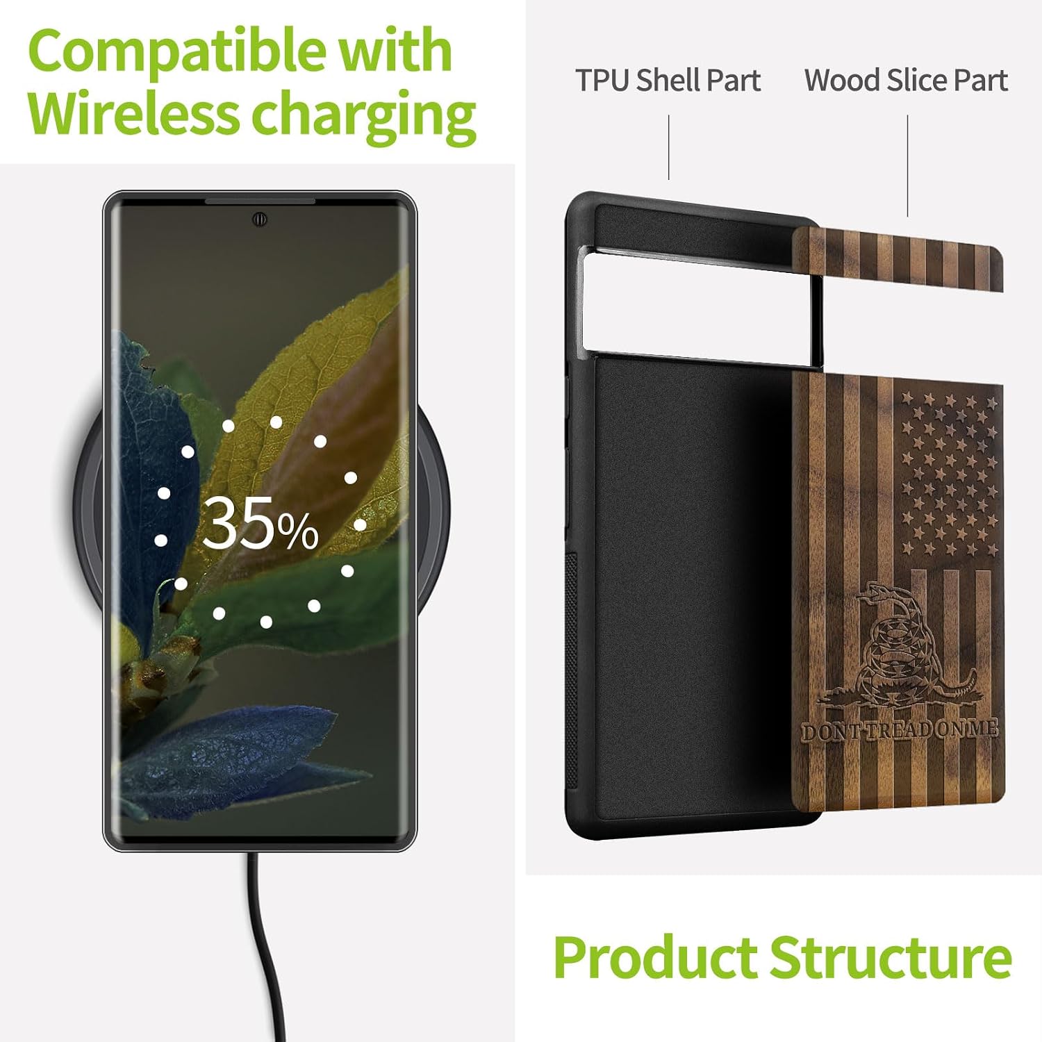 Carveit Wood Case for Pixel 8 Pro Case [Natural Wood & Black Soft TPU] Shockproof Protective Unique Wooden Cover Compatible with Google Pixel 8 Pro (Gadsden Flag-Walnut)