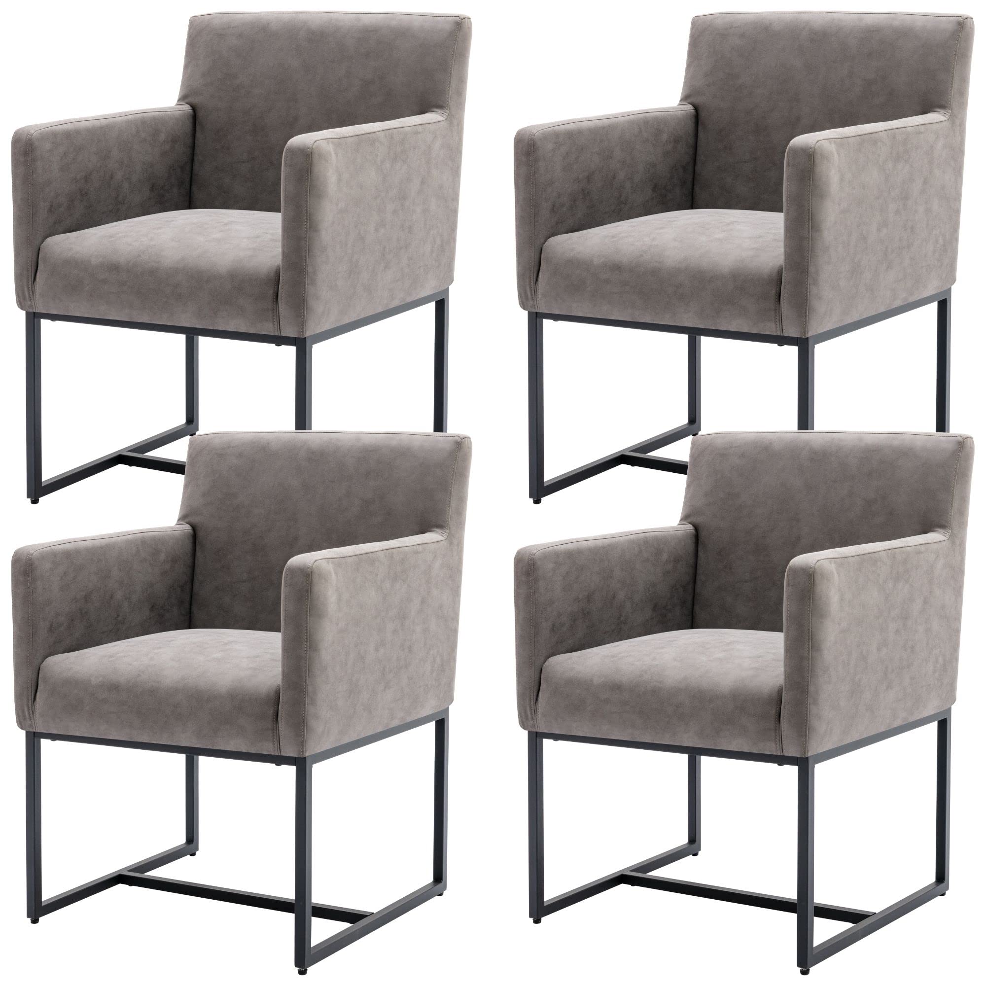 Set of 4 Upholstered Dining Chairs with Armrest, PU Leather Modern Accent Armchairs, Kitchen & Dining Room Chairs Side Chairs, Grey