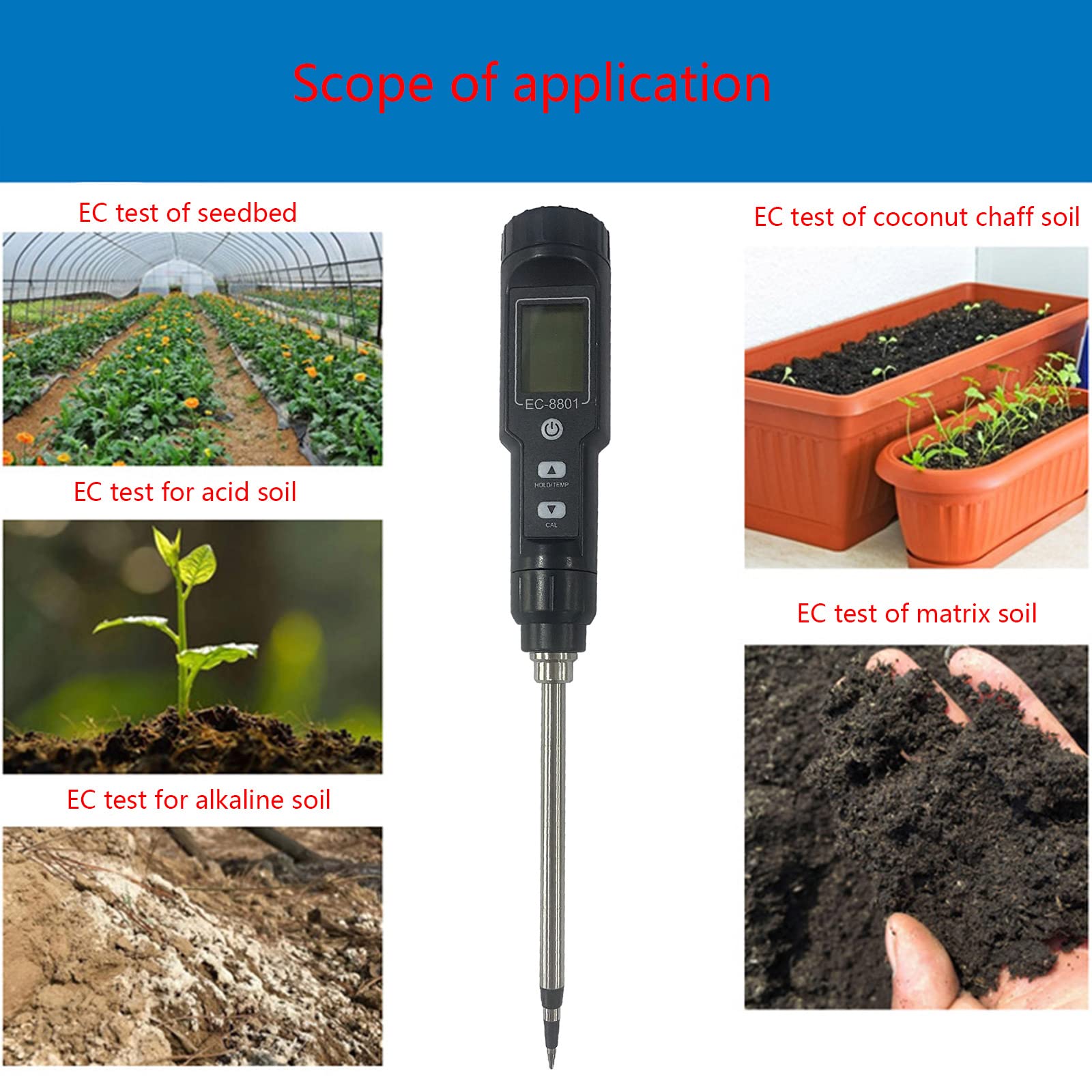 Medidor de salinidad del suelo con sonda larga, higrómetro profesional para macetas grandes, higrómetro agrícola, higrómetro para humidor de puros, termómetro de humedad interior y suelo Ec