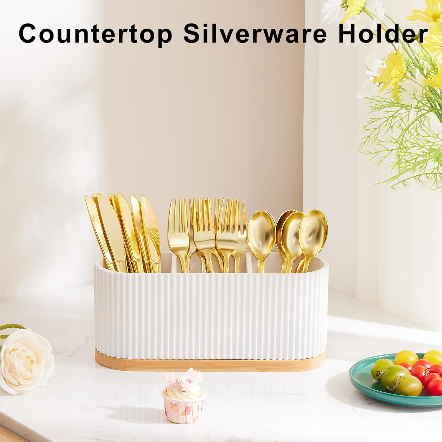 HouseJoy Countertop Silverware Holder, Silverware Caddy Organizer Holder for Forks, Spoons, Knives, Cutlery Caddy with 3 Compartments, Kitchen Utensil Holder for Party, Countertop