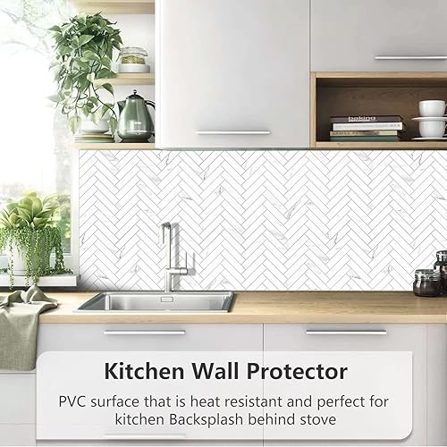 Miniatura 7 de Vamos Tile Azulejo autoadhesivo Statuario de PVC blanco para despegar y pegar, 10 hojas de azulejos autoadhesivos de PVC blanco para cocina, baño y