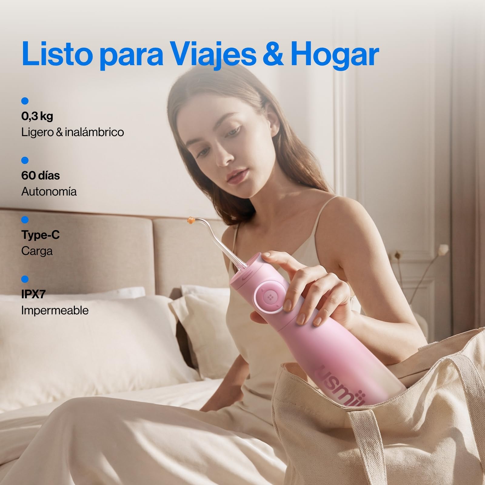 usmile C30 Irrigador Dental Portátil Inalámbrico, Depósito de 300 ml, 5 Niveles de Presión, Boquillas para Ortodoncia e Invisalign, Recargable USB-C, IPX7 Impermeable, Rosa