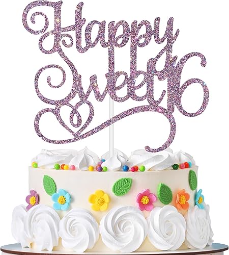 Happy Sweet 16 - Decoración para tartas de cumpleaños de 16 años, decoraciones de feliz cumpleaños de 16 años para niñas y niños, purpurina morada