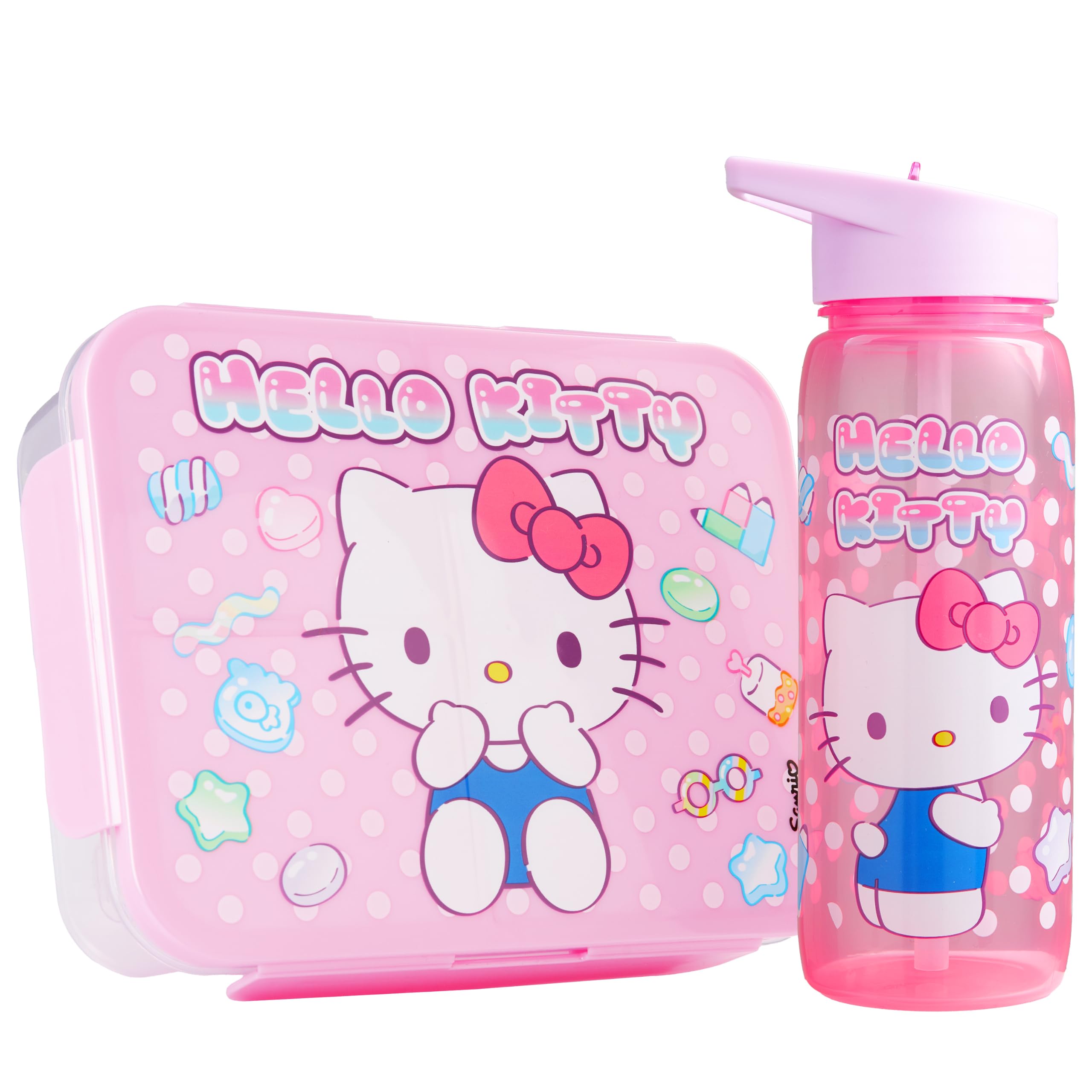 Get Trend Hello Kitty Set Boite Repas et Gourde Enfant Fille, Lave Vaisselle et Micro-ondes Sûre Bento Lunch Box Compartiments et Sans BPA Gourde avec Paille, École ou Pique Nique (Rose Hello Kitty)