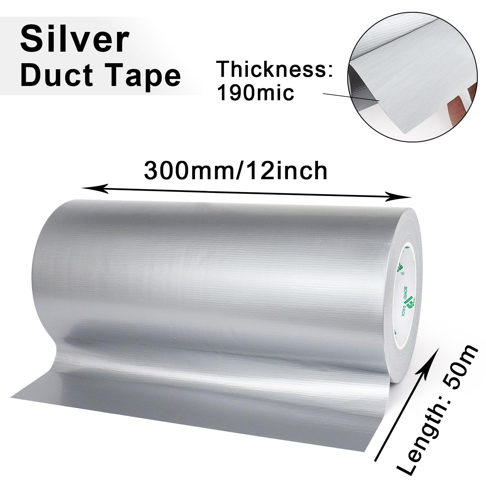 BOMEI PACK Cinta adhesiva de tela plateada de 300 mm x 50 m, reforzada, resistente al agua, cinta adhesiva resistente para fijar reparaciones, manualidades, etiquetado, cajas de sellado para trabajos