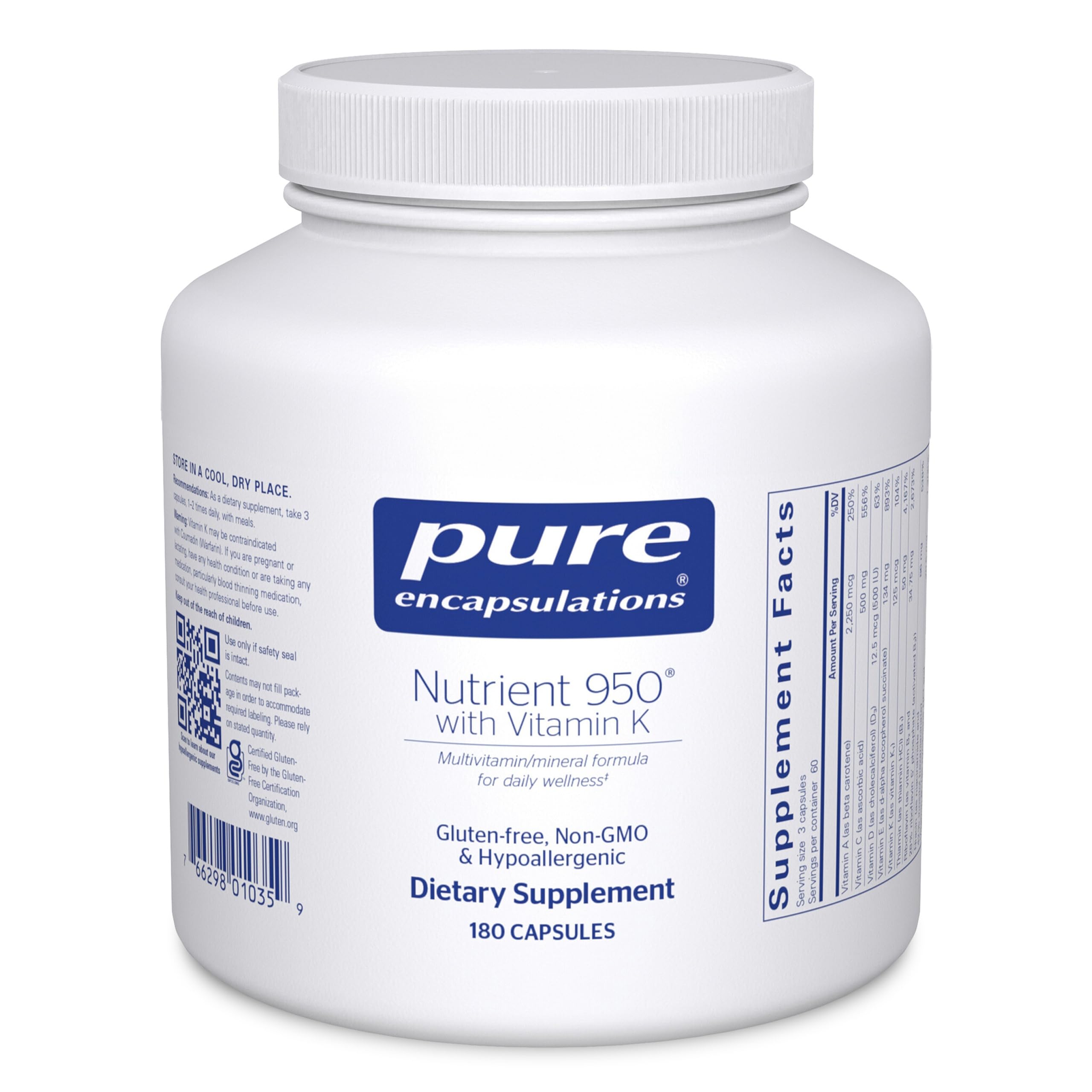 Pure EncapsulationsNutrient 950 with Vitamin K 180's - Multivitamin & Mineral Supplement - Bone & Arterial Support* - Optimal Absorption - Gluten Free & Non-GMO - 180 Capsules