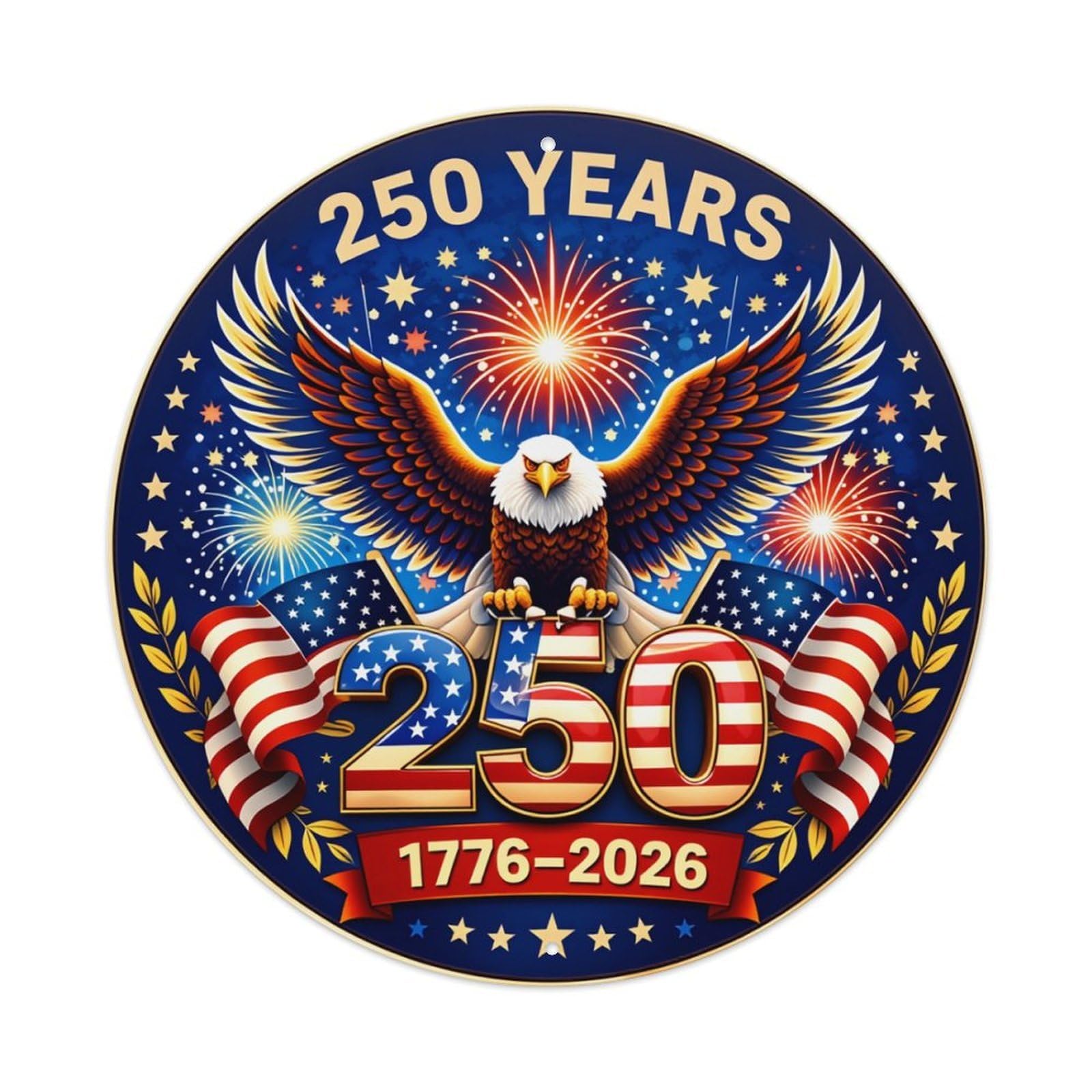 American Eagle Fireworks Stars Flag Round Tin Sign Retro Metal Sign for Cafe Bar Pub Home Game Room Gym Club Wall Decoration Vintage Metal Poster 8x8 Inch