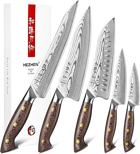 Miniatura 10 de HEZHEN Cuchillo de chef de Damasco con funda, 8.3 pulgadas, 67 capas, cuchillo de cocina japonés de acero Dmascus para chefs profesionales y