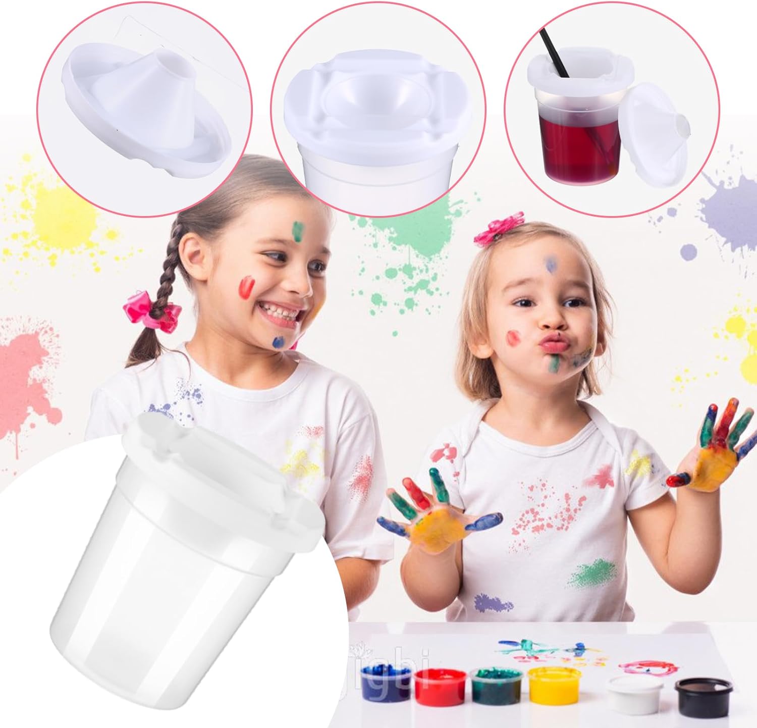 24 Pack No Spill Paint Cups with Lids for Kids with Painting Brush Set, Reusable Plastic Spill Proof Paint Cups for Painting School Classroom Art Crafts Supplies - Image 6