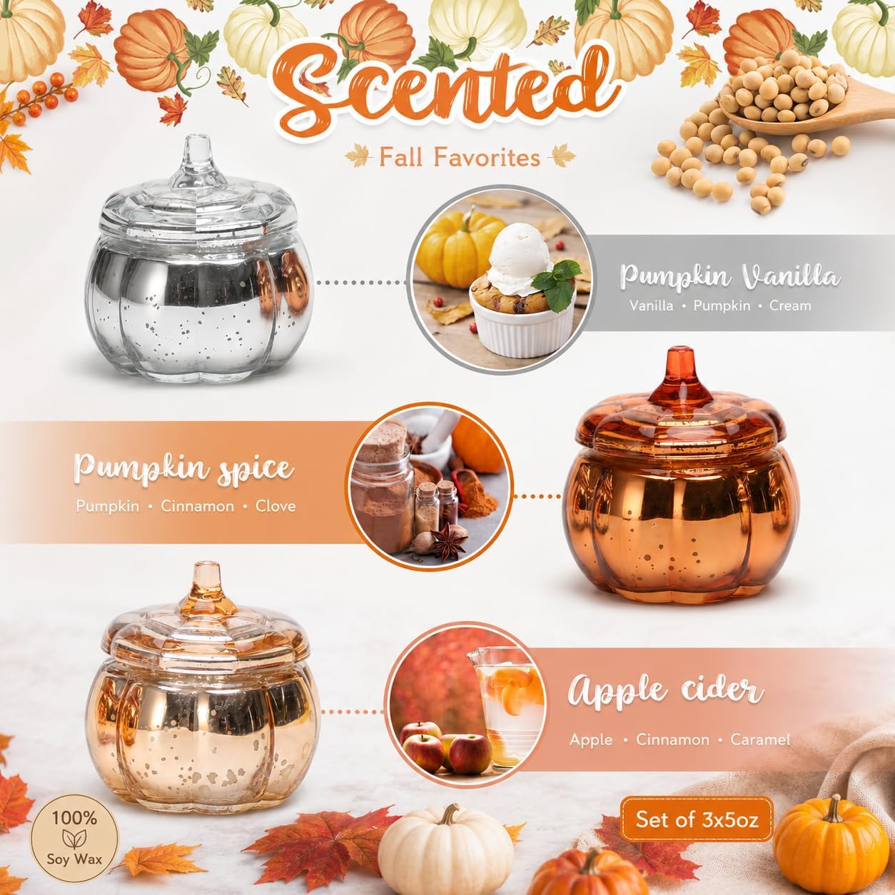 Pumpkin Shaped Candles 3 Pack, Fall Pumpkin Spice Scented Candles 15oz
