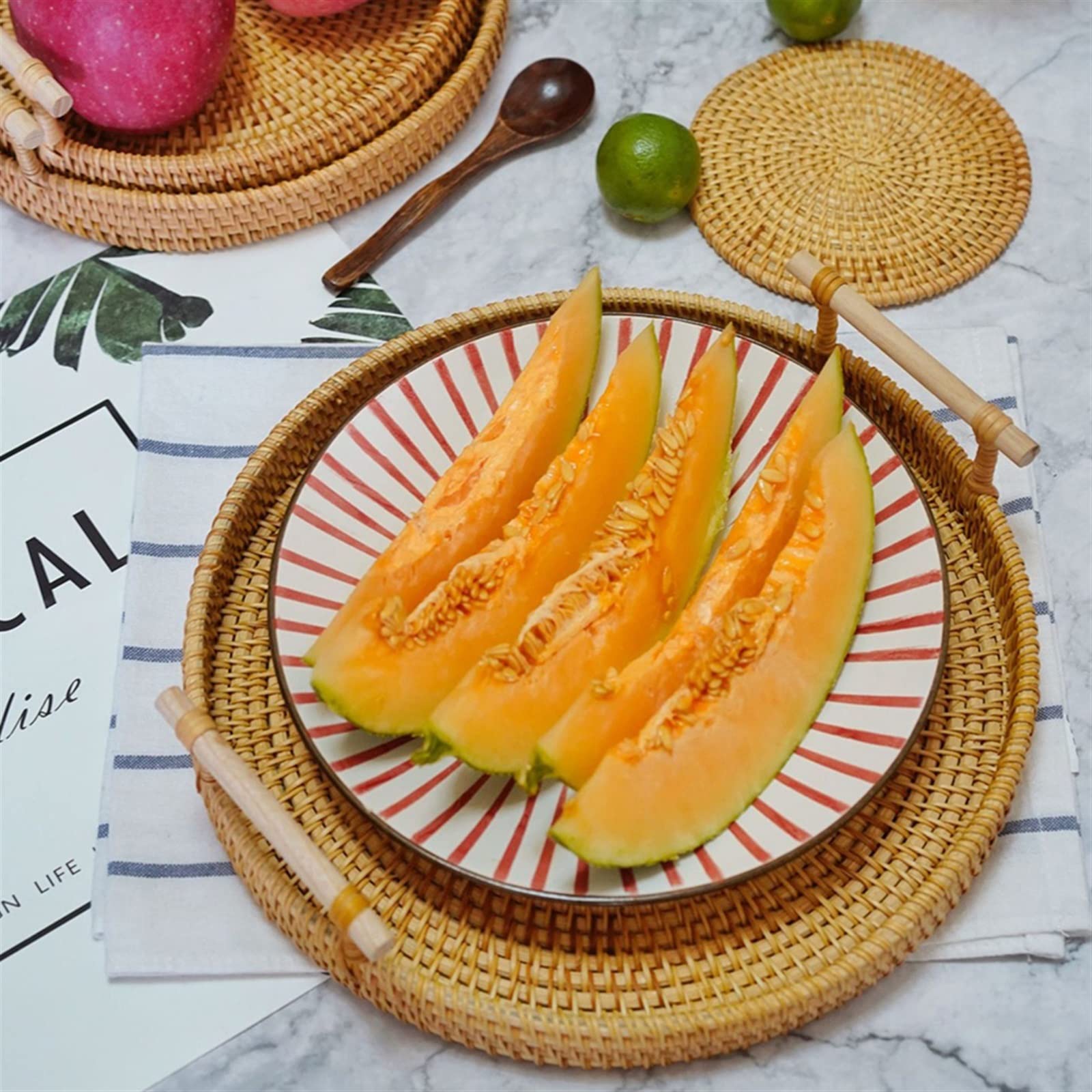 Panier de pique-nique, petit panier de pique-nique tressé à la main panier de rangement rond en rotin plateau de rangement pour pain, fruits, nourriture, petit déjeuner, panier de pique-nique panier