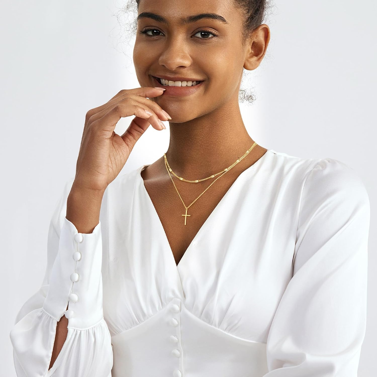 Cross Necklace for Women Gold/Silver Plated Layered Dainty Cross Chain Trendy Choker Satellite Charm Small Crucifix Pendant Gold/Silver Necklace Stackable Hypoallergenic Delicate Gift for Women - Image 3