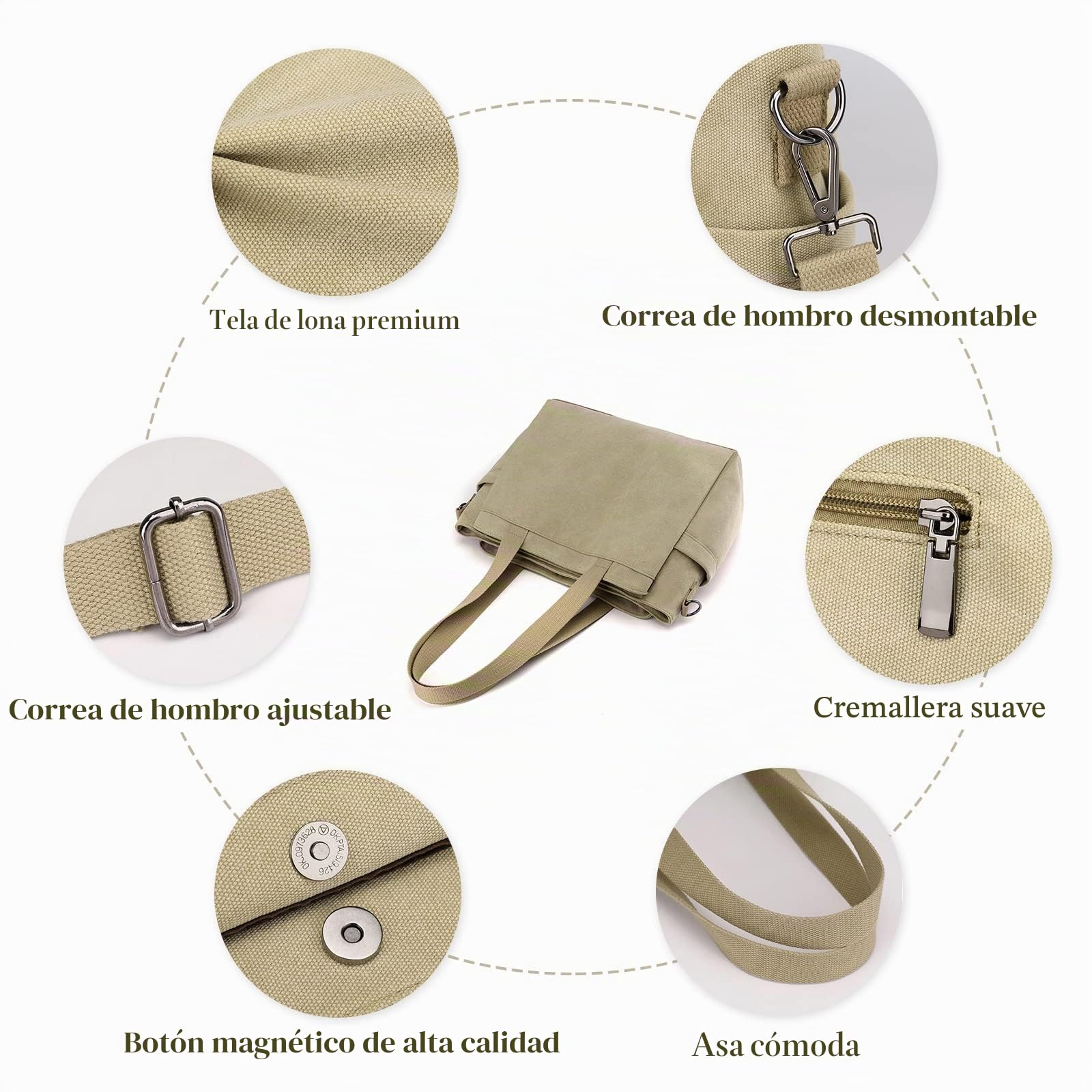 CORIOS Bolso de Hombro para Mujer Bolso Bandolera Lona Bolso de Mano Gran Capacidad Bolsa Shopper Casual Bolso Tote Multifuncional Bolsa de Ocio para Compras Viajes Citas Trabajo Caqui